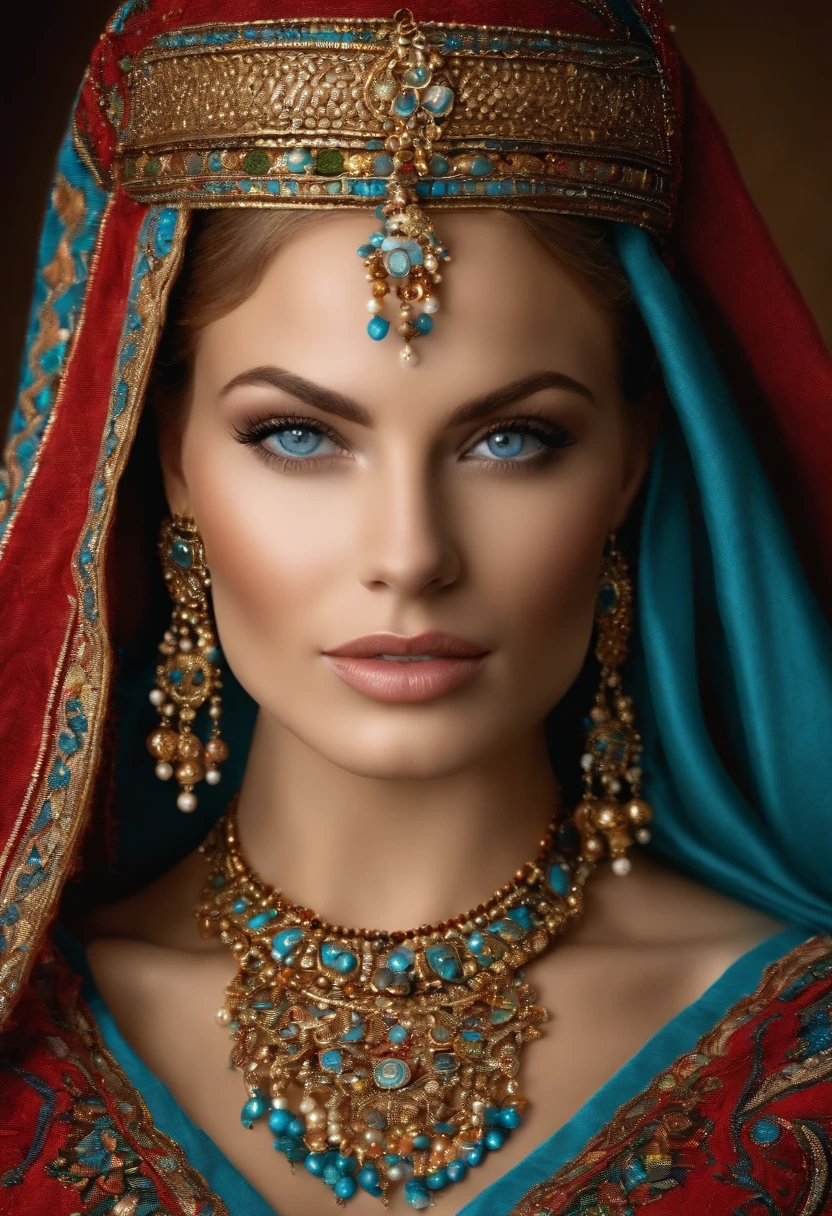 Very pretty blonde woman with blue eyes, qui porte plusieurs grands colliers de perles pourtant caftan marocain couvre son corps entier