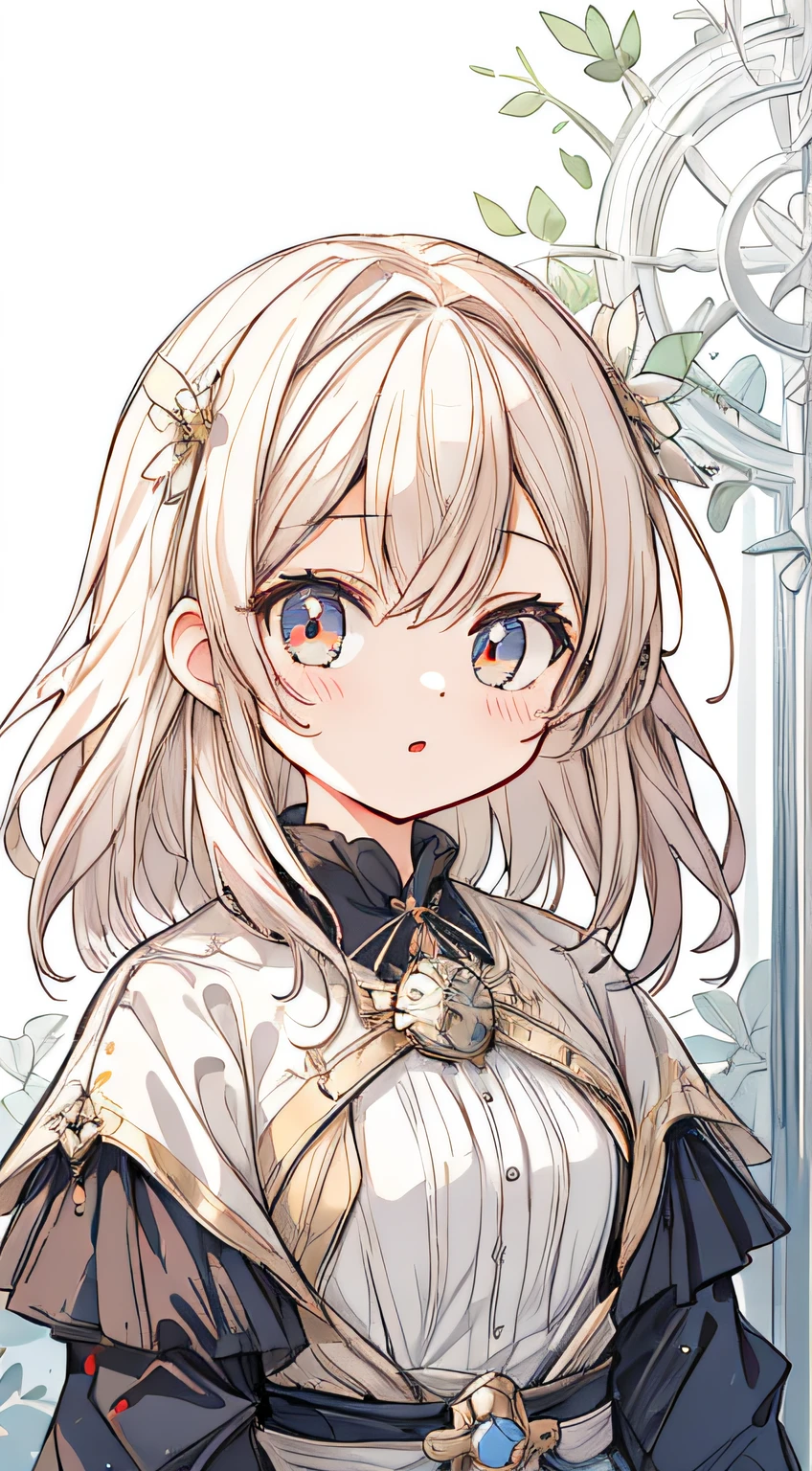 (masterpiece, best quality:1.2), illustration, absurdres, highres, extremely detailed, 1 ite girl, white short hair, red eyes, eye highlights, dress, short puffy sleeves, frills, outdoors, flower, fluttering petals, upper body, (moon:1.2), night, depth of field, (:d:0.8),（black pantyhose）