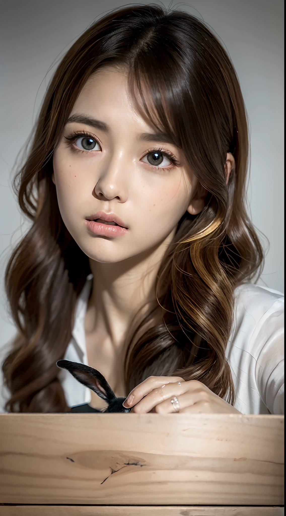 (Best quality,16k wallpaper,high resolution:1.2),Red to yellow hair, wavy and long hair, Shiny hair color, Perfectly detailed face, full pouty lips, watery big eyes, Vertical pupils, reflective light, Woman with rabbit ears, Black and white shirt, Lazily lying in a solid wooden box, Soft lighting, full body shot of
