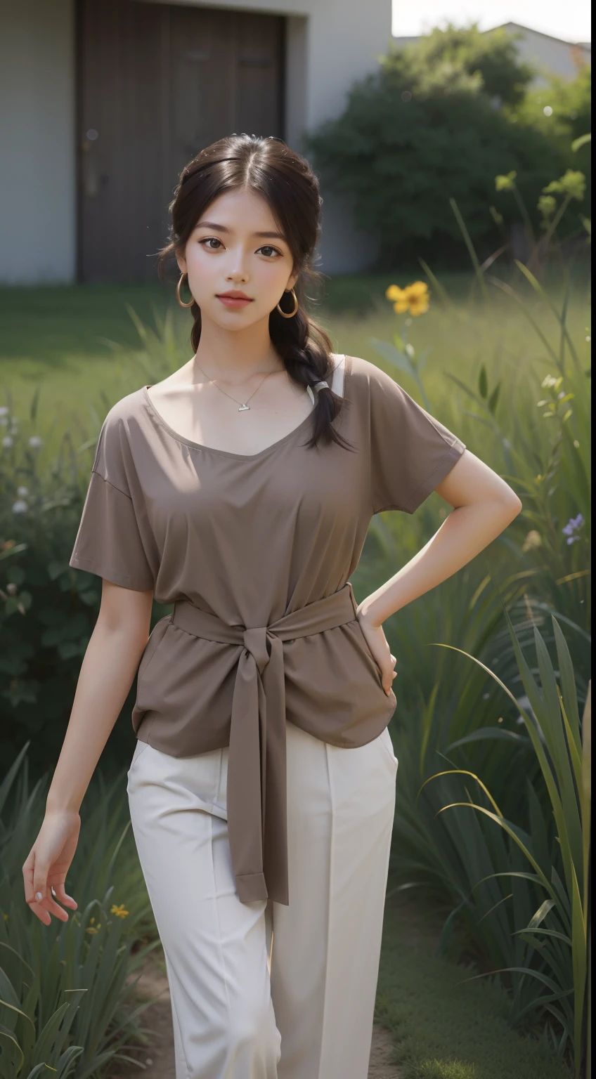 araffe woman in a brown top and white pants standing in a field, brown shirt, taupe, tied - up shirt, loose - fitting blouses, short sleeves, front portrait, anna, close portrait, dolman, mid shot portrait, photo 85mm, jessica, medium full shot, wearing a designer top, taken with canon eos 5 d, shoulder