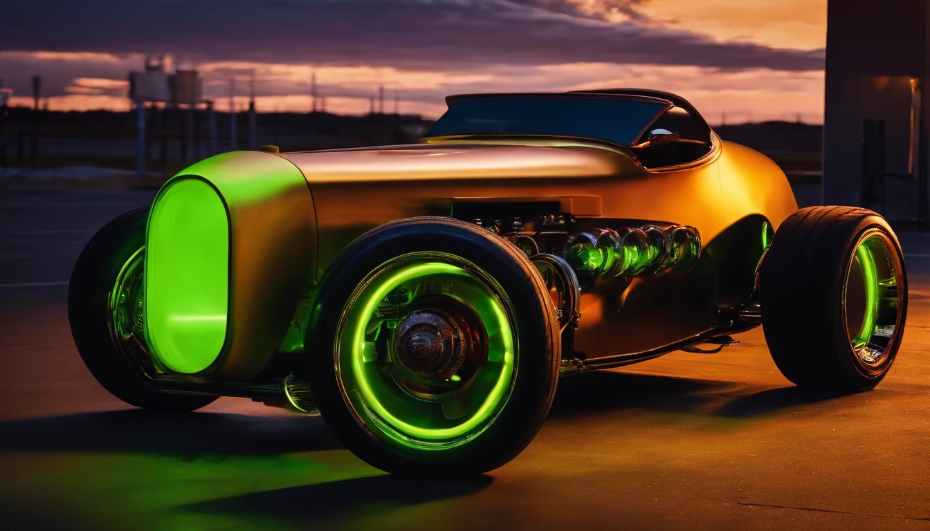 a 3/4 front view of ((futuristic cyberpunk hotrod zeekars)) (with glowing tires), at the parking lot, sunset