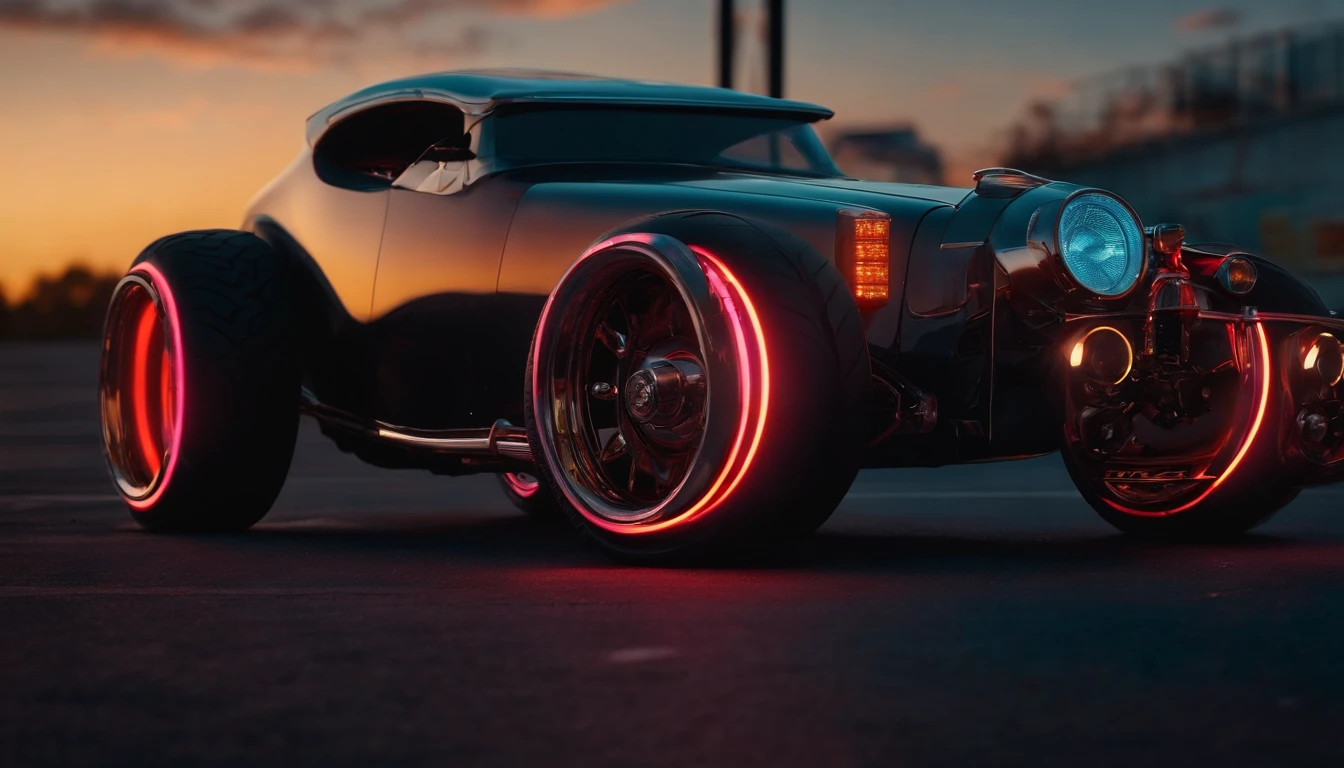 a 3/4 front view of ((futuristic cyberpunk hotrod zeekars)) (with glowing tires), at the parking lot, sunset