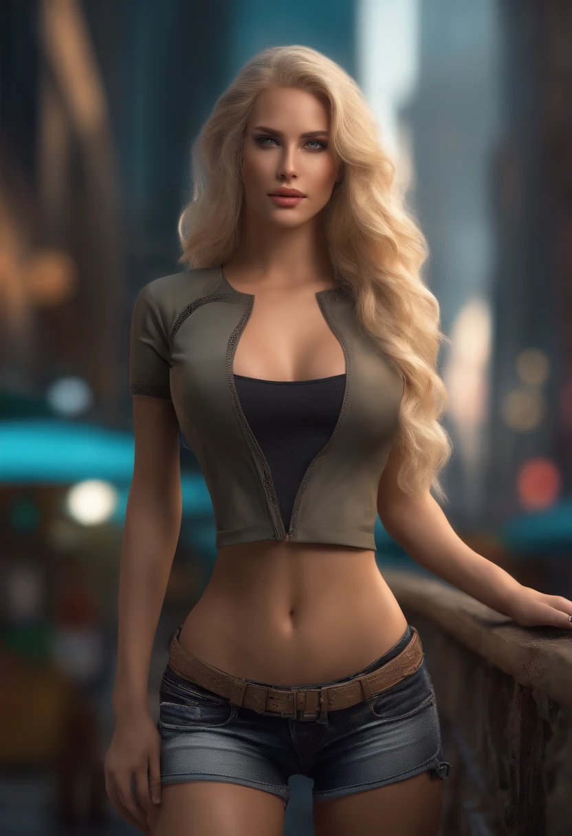 gorgeous woman with extra long wavy blonde hair, detailed alluring eyes, long sexy legs, wearing tiny shorts, t-shirt, ((detailed facial features)), (finely detailed skin), pale skin, realistic skin texture, extreme skin details, (pores:0.1), in the background beautiful futuristic cyberpunk city, best quality masterpiece, photorealistic, hyperrealistic, detailed, 8k, HDR, (Soft color: 1.2), shallow depth of field, broad light, high contrast, backlighting, bloom, light sparkles, chromatic aberration, sharp focus, RAW color photo