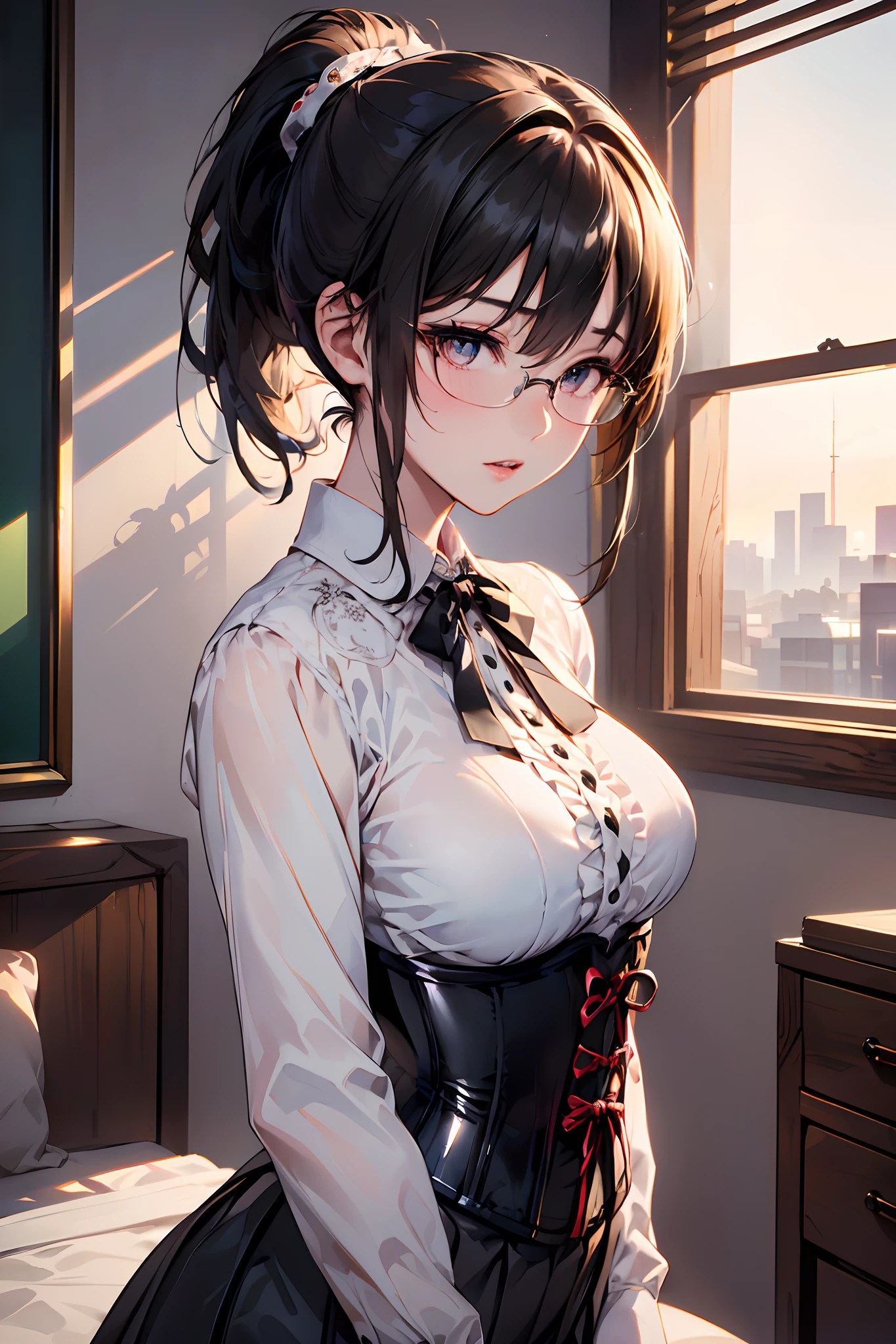 (1glasses girl:1.3, solo), (Audrey Hepburn:1.3), (a extremely pretty and beautiful Japanese woman), (sexy girl), (professional attire:1.3), (22 years old: 1.1), (from below:1.3), (low angle:1.3), (ground level shot:1.3), (girl on top:1.3), (arms behind back between legs:1.3), (attractive random posing:1.3), (in the queen's room:1.3), (look down:1.3), (starring at you:1.3), (front view:1.3), break, (ponytail:1.3), (shiny-black thin hair:1.2), bangs, dark brown eyes, beautiful eyes, princess eyes, (big eyes:1.3), bangs, wearing a glasses:1.3, Hair between eyes, short hair:1.3, (slender:1.1), (small-medium-breasts:0.95), (thin waist: 1.15), (detailed beautiful girl: 1.4), Parted lips, Red lips, full-make-up face, (shiny skin), ((Perfect Female Body)), (upper body image:1.3), Perfect Anatomy, Perfect Proportions, (most beautiful Korean actress face:1.3, extremely cute and beautiful Japanese actress face:1.3), BREAK, (View viewer, wearing a embroidery frills sexy teacher uniform, (insanely detailed classical gothic teacher outfit:1.3), (white collared blouse:1.3, long-sleeve:1.3), (corset:1.3), (black high-waist-jumper-skirt:1.3), (lace frill skirt), detailed clothes, BREAK, (detailed classy queen's room background:1.2), (dark background), (Studio soft lighting: 1.3), (fake lights: 1.3), (backlight: 1.3), BREAK, (Realistic, Photorealistic: 1.37), (Masterpiece, Best Quality: 1.2), (Ultra High Resolution: 1.2), (RAW Photo: 1.2), (Sharp Focus: 1.3), (Face Focus: 1.2), (Ultra Detailed CG Unified 8k Wallpaper: 1.2), (Beautiful Skin: 1.2), (pale Skin: 1.3), (Hyper Sharp Focus: 1.5), (Ultra Sharp Focus: 1.5), (Beautiful pretty face: 1.3), (super detailed background, detail background: 1.3), Ultra Realistic Photo, Hyper Sharp Image, Hyper Detail Image,