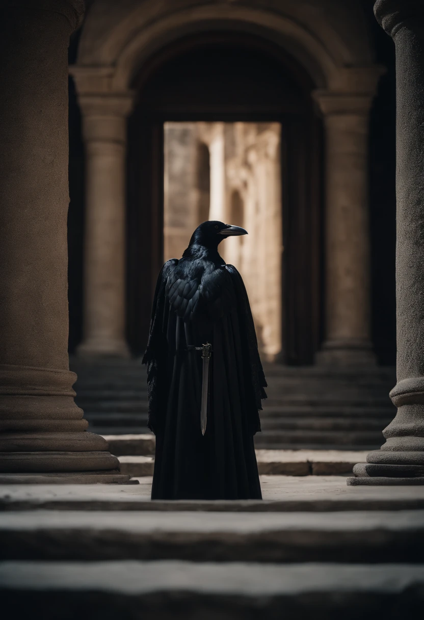 anthropomorphic crow wearing black robes with long sword in his left hand. He stands in a stone doorway on guard