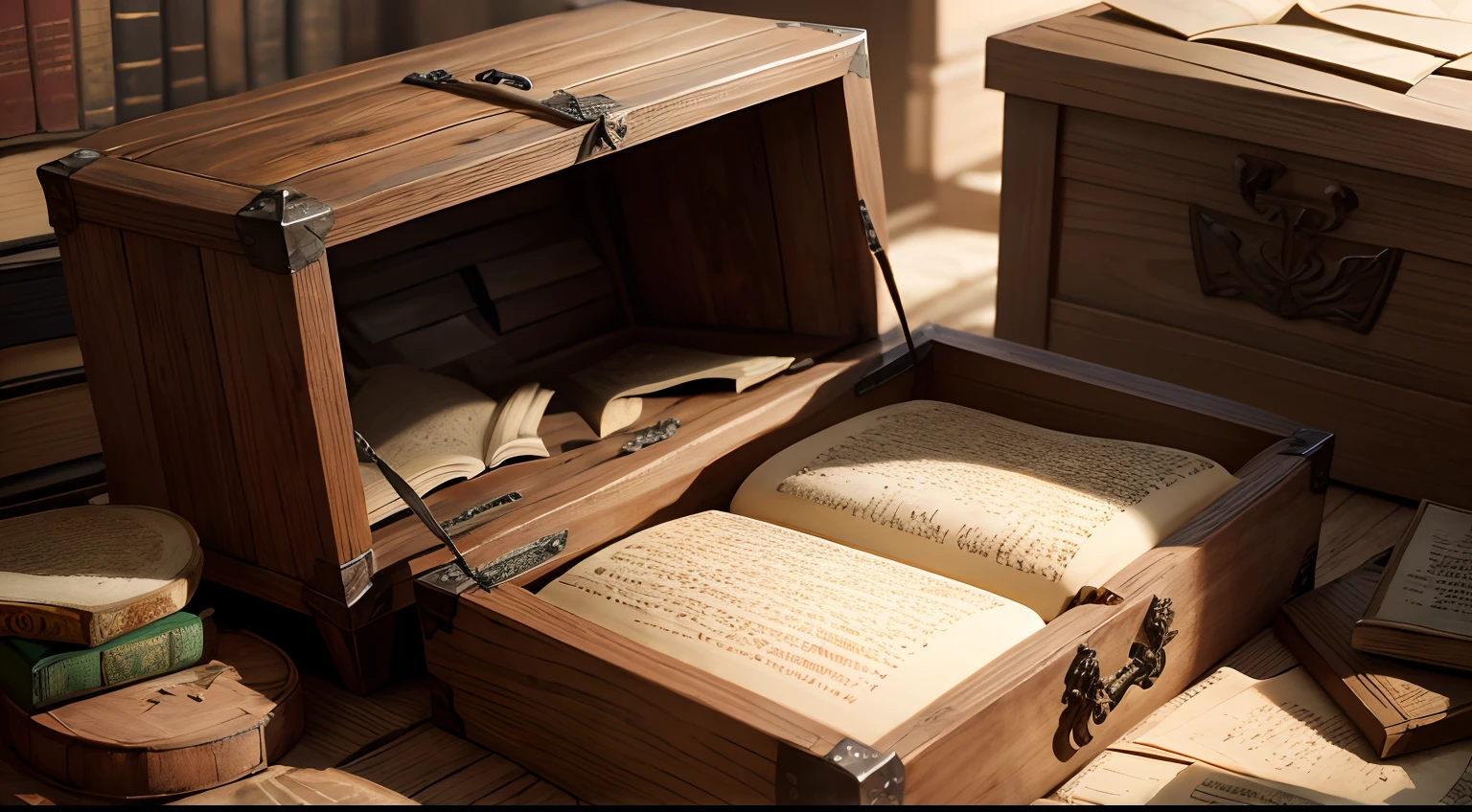 a wooden ????? containing ancient dusty and ruined books, half-torn pages, edges corroded by time, ancient manuscripts, archaeological find hdr 4k