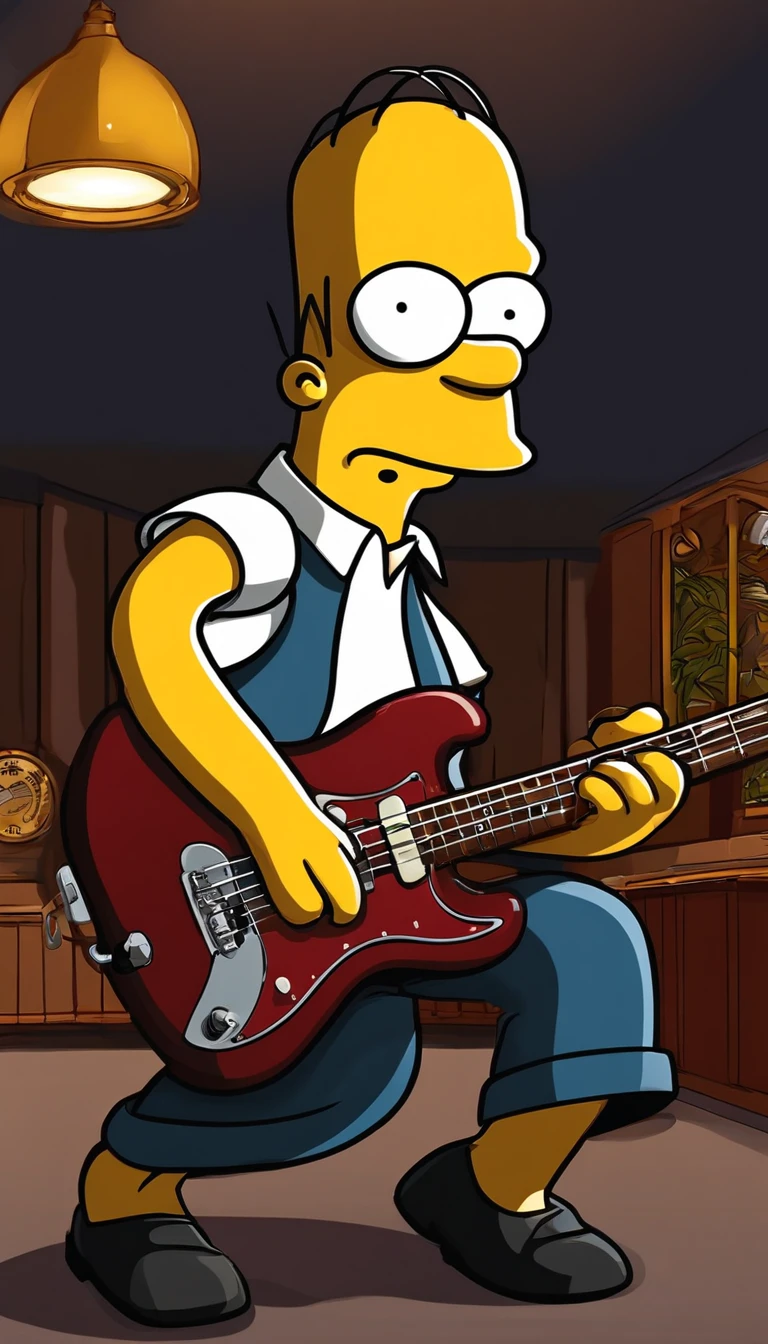 cafe shop,The Simpsons,Homer Simpson plays bass,homer simpson,Wear show costumes,《The Simpsons》Animation style,dramatic lights,Dramatic action,Wonderful poster composition,Dramatic composition,Dramatic colors,Gorgeous stage,gorgeous lights,ornate backdrop,One guy,Play bass,Funk music,