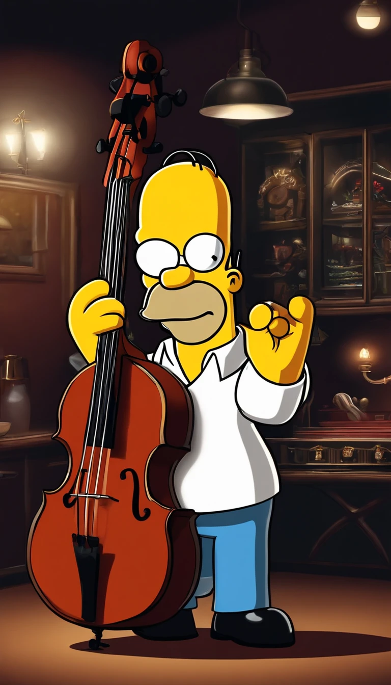 cafe shop，The Simpsons，Homer Simpson plays bass，homer simpson，Wear show costumes，《The Simpsons》Animation style，dramatic lights，Dramatic action，Wonderful poster composition，Dramatic composition，Dramatic colors，Gorgeous stage，gorgeous lights，ornate backdrop，One guy，Play bass，Funk music，