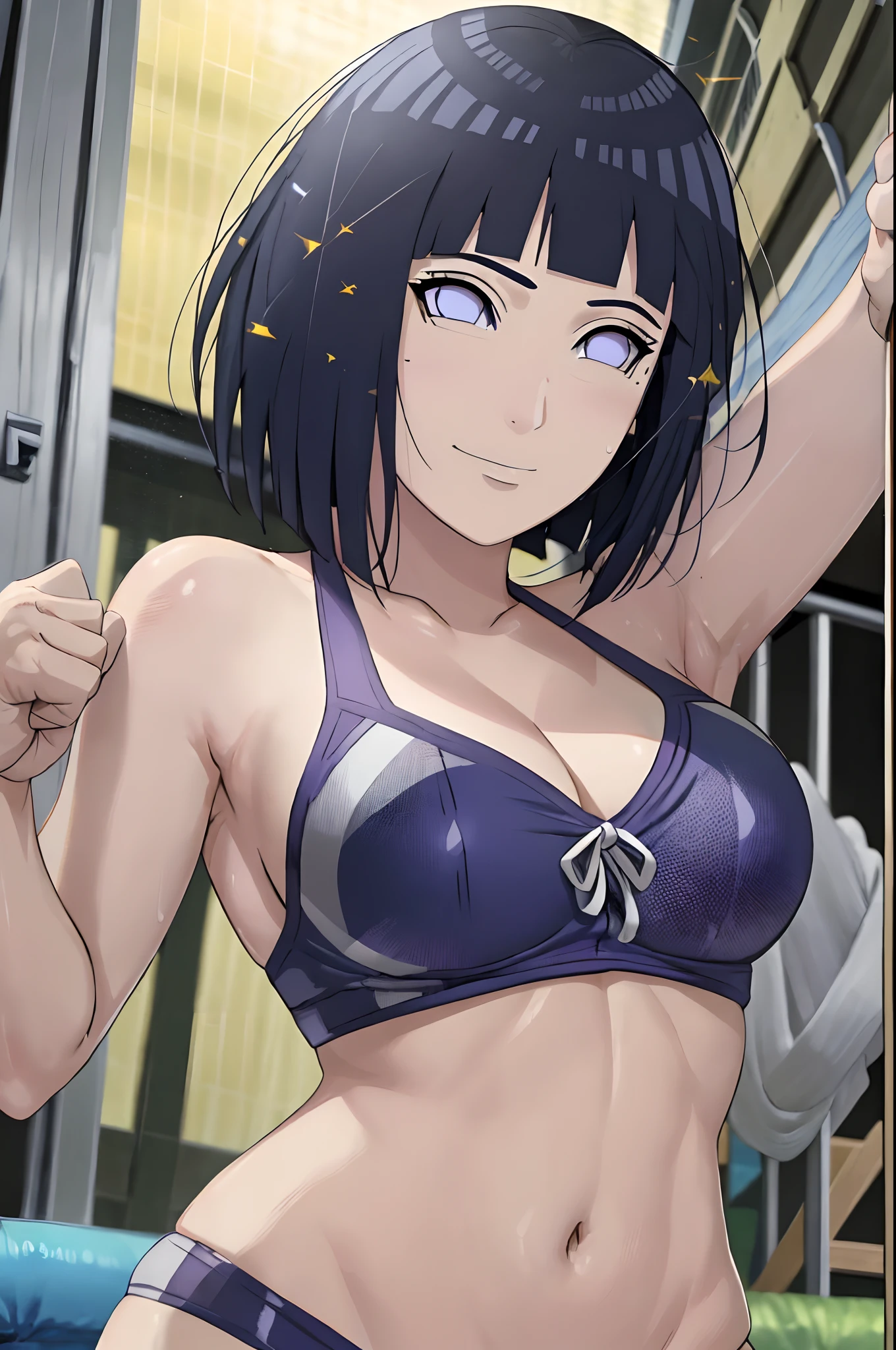 poster, anime style, hires ((wrestling ground)), (hinata\(boruto\), (female wrestler), (slender body, sweating, tired), mature woman, milf, (bikini, ultra detailed pro wrestling gear) victorious, gorgeous, winner, kind face, smile, closed mouth, (pale skin, shiny skin, lighting and shadow), (dark blue hair color:1.1), wavy hair, ((short hair, hime cut), big breasts, (only one arm stretching), long belly, closed fists, seductive, (perfect eyes, white sciera, bright eyes, white eyes, anime eyes, eyeshadow, looking at the viewer)