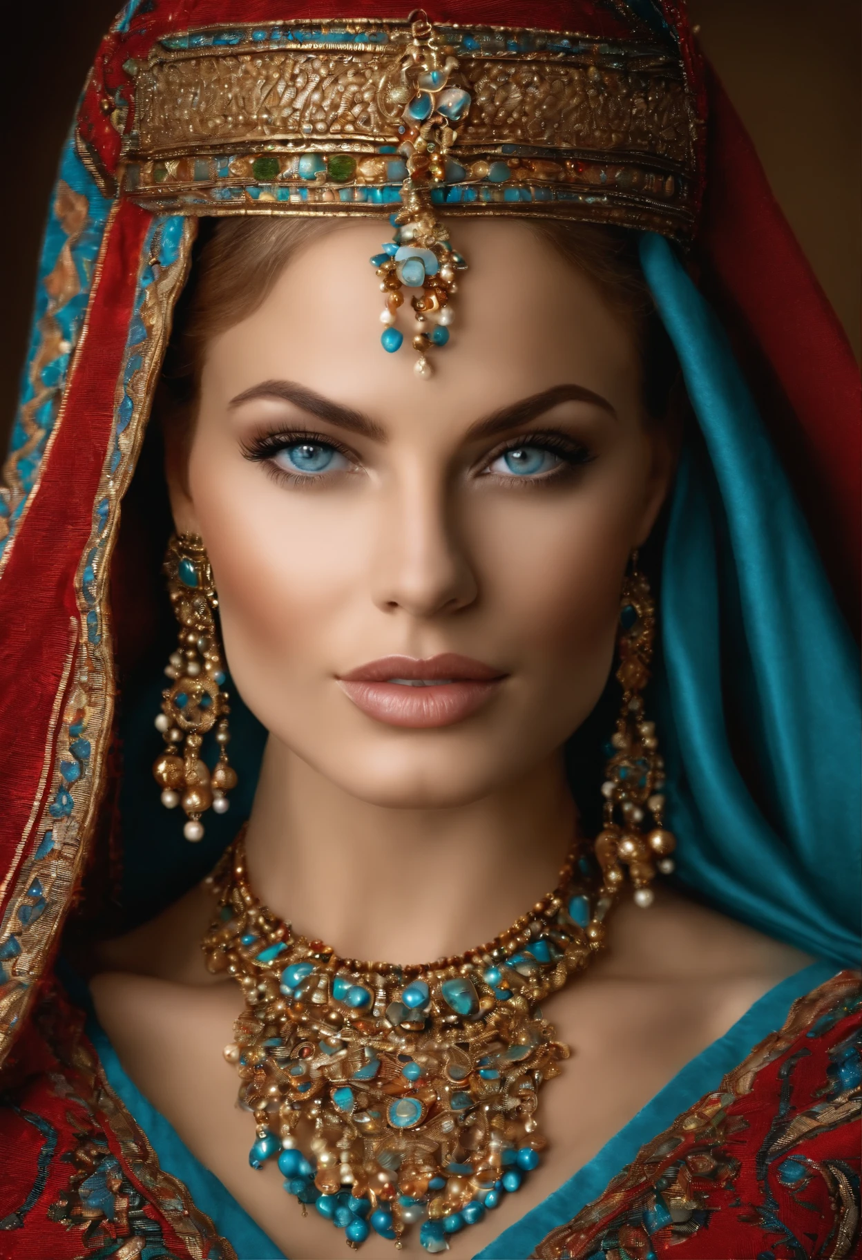 Very pretty blonde woman with blue eyes, qui porte plusieurs grands colliers de perles pourtant caftan marocain couvre son corps entier
