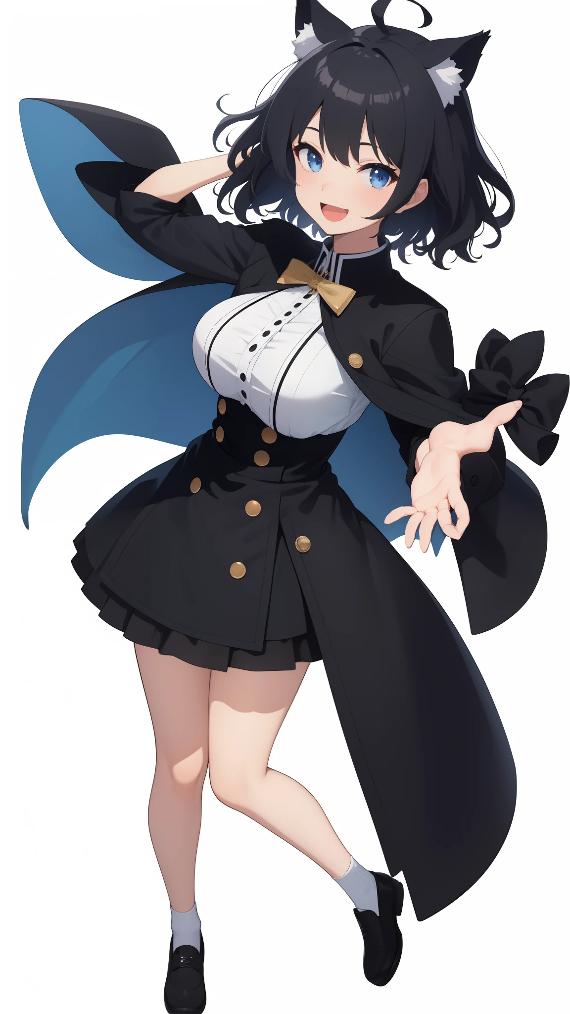 Full body,((((Upright)))), ((((Arms at sides)))), Looking at Viewer, simple background、White background, 1girl in, Open mouth, Smile, Virtual Youtuber、girl with、((Best Quality, high_resolution, Distinct_image)),(Black hair), (Black cat ears), (Ahoge), (absurdly short hair), (Wavy Hair), (Blue eyes),、A smile、Very big breasts,(wearing shoes on feet)、concept-art、((View Viewer))。military outfits。Wearing a cape。