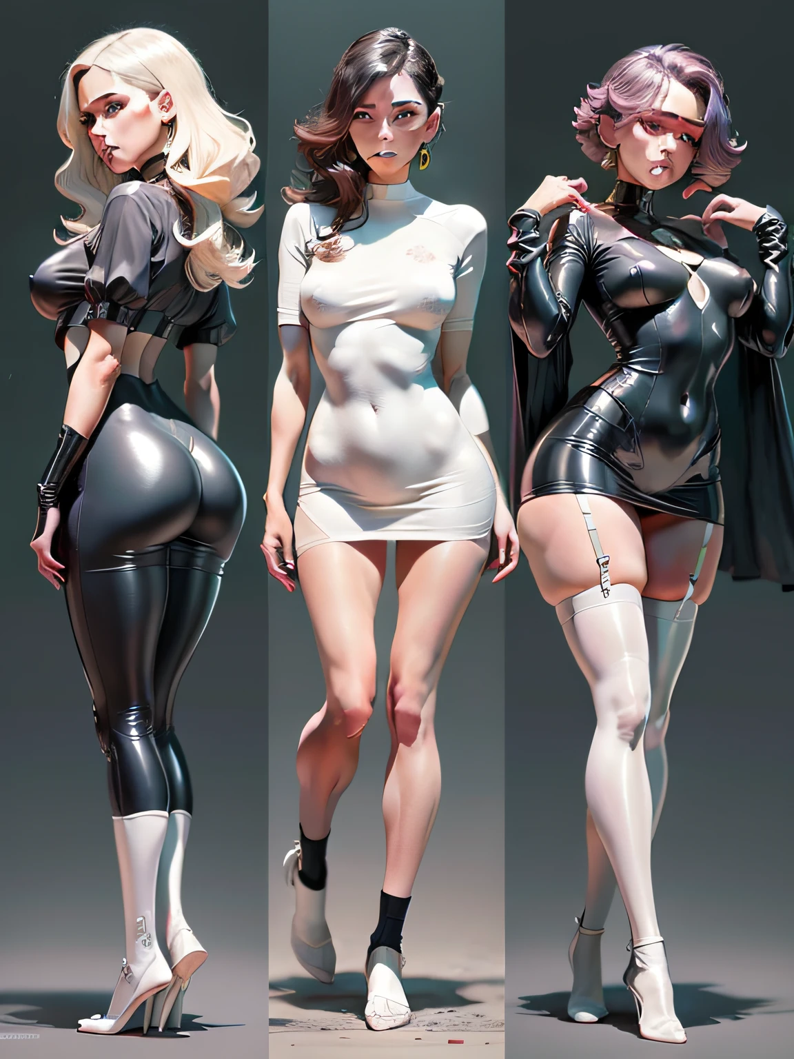 NSFW, tiro de corpo inteiro, cores doces, (arte original com tinta:1.2), (arte linear:1.31), (detalhes finos:1.3), Cores planas, (profundidade), cores doces quentes, CharturnerV2, A character twist of a beautiful American mother, white underwear, wearing short and tight colored latex dress from the 60s with latex socks and shoeless gate belt, Cabelos lisos, (multiple views of the same character in the same outfit, Front view, Back view), Shy, sorridente, her skirt is lifted by the wind, Americanos dos anos 60, retro, fundo da cor do doce,