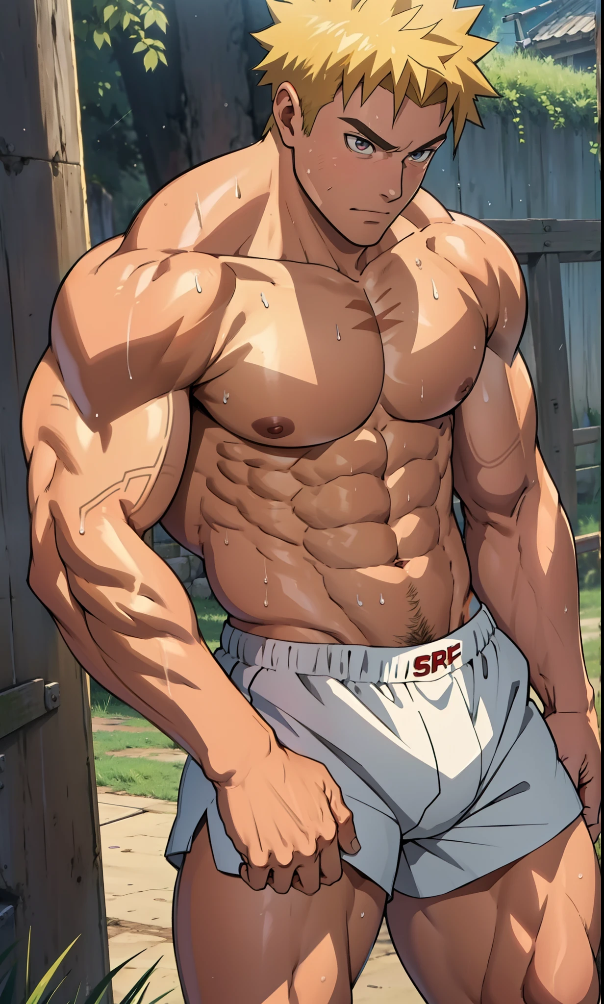 [Picture anime][highest quality photo][ 4k,HD photo quality] (close-up) (photo angle from bottom to top) huge muscular thigh muscles, wear tight triangle briefs small, huge thigh muscles ,muscular thigh muscles, muscular thigh muscles, giant thigh muscles, sinewy thigh muscles,Uzumaki Naruto, lots of sweat flowing down, topless, shirtless, sunny, shiny skin,rosy skin,pink skin, red skin, bodybuilder, 8-pack abs, giant, muscular chest muscles, giant muscular, sinewy biceps, cute  , two arms behind the back