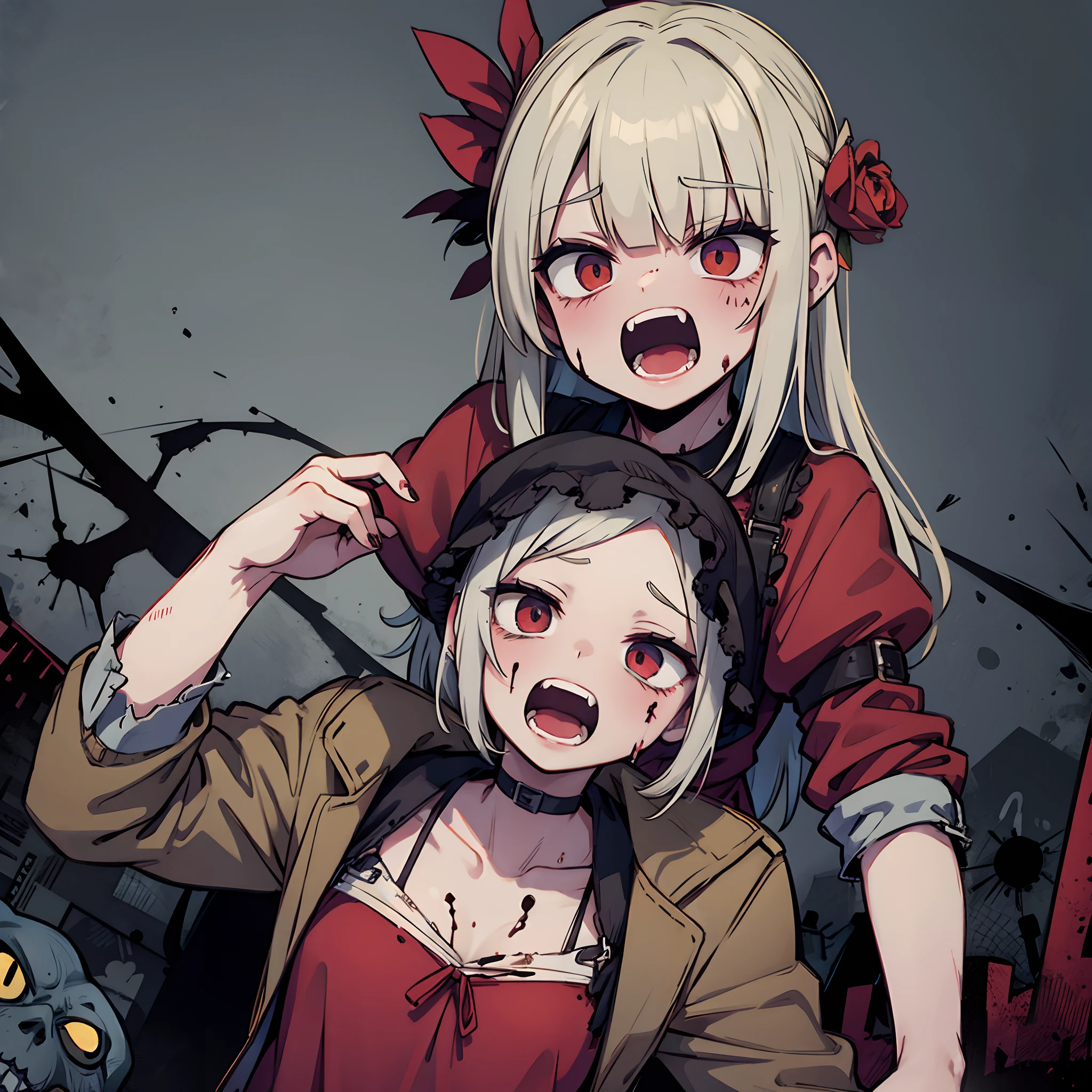 1girl, (nose hook), reins, collar, chain, rope, obey, happy trance, smile, hair ornaments, small breast, expressionless, emotionless, blank eyes, empty eyes, mind control, tsuyuno_yatsumura_mahoushoujosite, blonde_hair, short_hair, yellow_eyes, hair_between_eyes