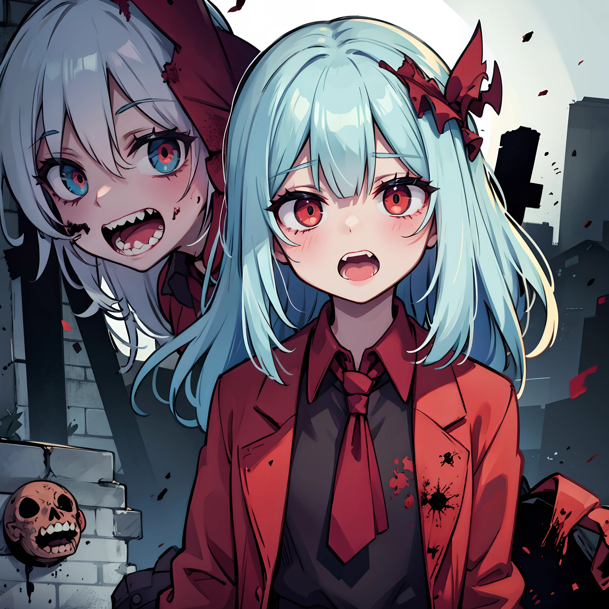 A woman with blood on her face and a bloody face, a terrible smile. Horror, [[[[[smiles]]]], Scary!! high detail, horror smile, yandere, smile, smile png | drooling teeth, digital anime art profile,vampire fangs ,red eyes, white hair ,1girl