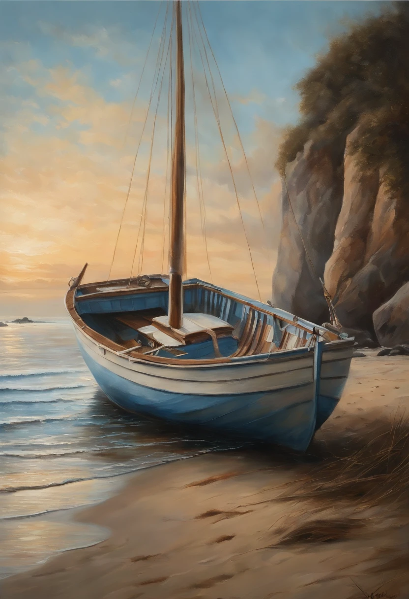 a painting depicts a boat on a beach, in the style of realistic seascapes, ferrania p30, dark white and light blue, yaka art, nostalgic paintings, oil portraitures, detailed perfection --ar 128:91