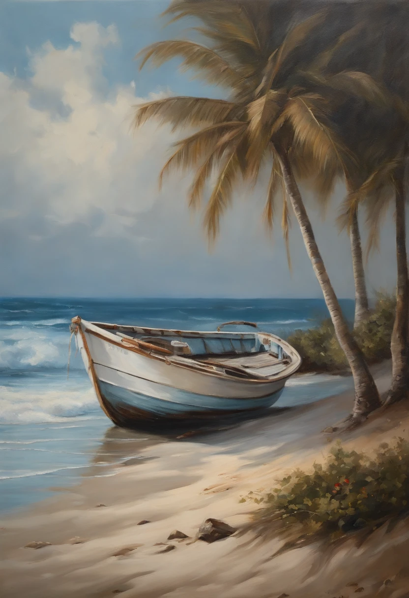 a painting depicts a boat on a beach, in the style of realistic seascapes, ferrania p30, dark white and light blue, yaka art, nostalgic paintings, oil portraitures, detailed perfection --ar 128:91