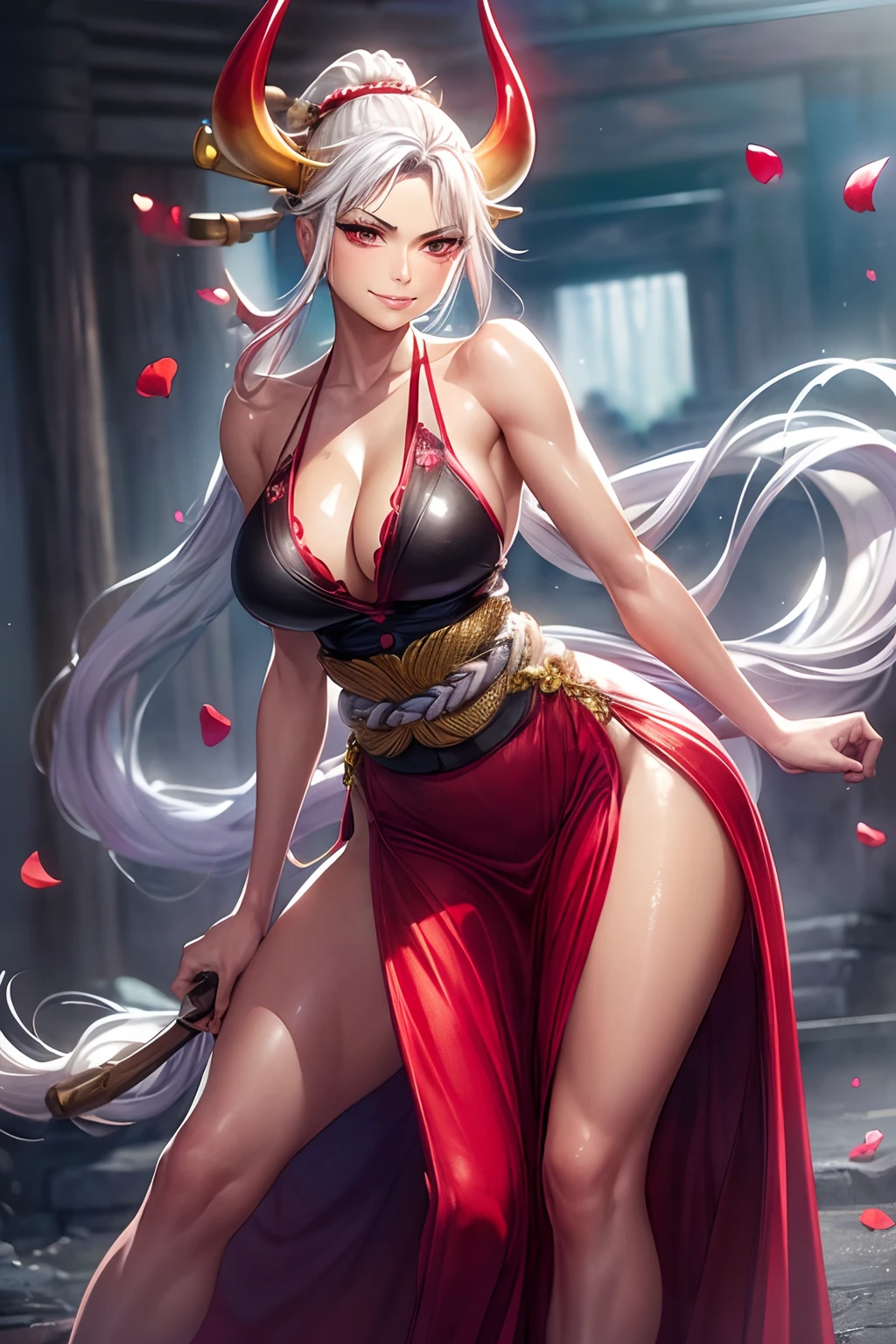 (masterpiece:1.2, best quality), (finely detailed beautiful eyes: 1.2), ((1girl)), ((solo)), (red eyes:1.4), (finely detailed eyes and detailed face:1.3), (beautiful and clear background:1.2), (extremely detailed CG, ultra-detailed, best shadow:1.1), ((depth of field)), ((watercolor)), kimono, large breasts, bare shoulders, flowers and petals, beautiful concept illustration, (white background:0.5), (illustration:1.1), (extremely fine and beautiful:1.1), (perfect details:1.1), yamato, large breasts, looking at viewer, smile, happy, blush, cleavage, wink, hard , wide hips, thick thighs, (masterpiece, best quality: 1.2), alone, 1 girl, makima, seductive smile, blushing, mouth closed, looking at viewer, braided ponytail, dark circles in her eyes, formal, black evening dress with a hip-high slit showing Leg., side boobs, seductive pose, red hakama,