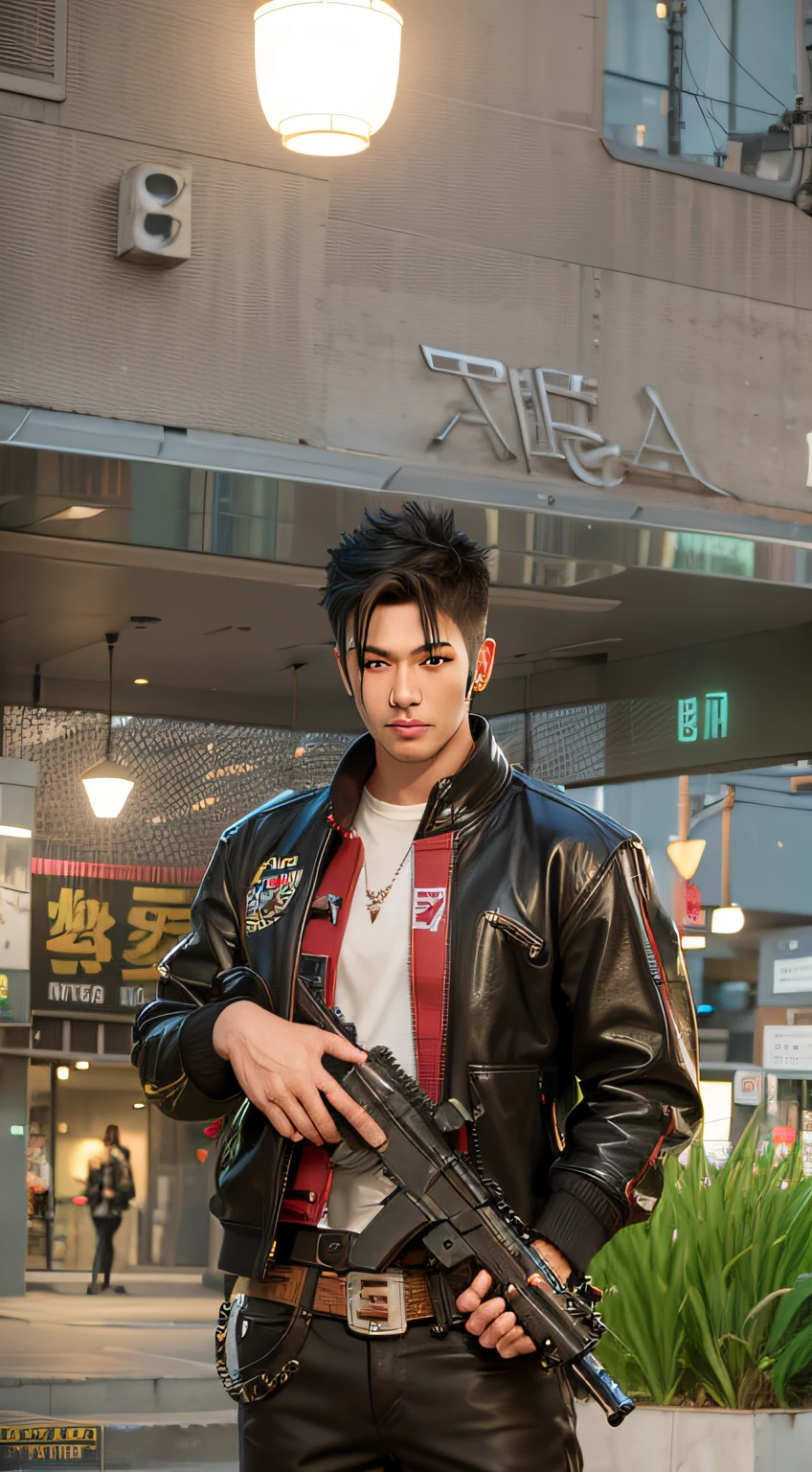 ((super realistic))arafed man in a black jacket and denim shorts standing in front of a building, style game square enix, realistic artstyle, inspired by Sim Sa-jeong, urban boy fanart, trending on cgstation, fashion gameplay screenshot, realism artstyle, diesel punk male, game cg, casual pose, realistic anime 3 d style, trending at cgstation, cyberpunk style outfit