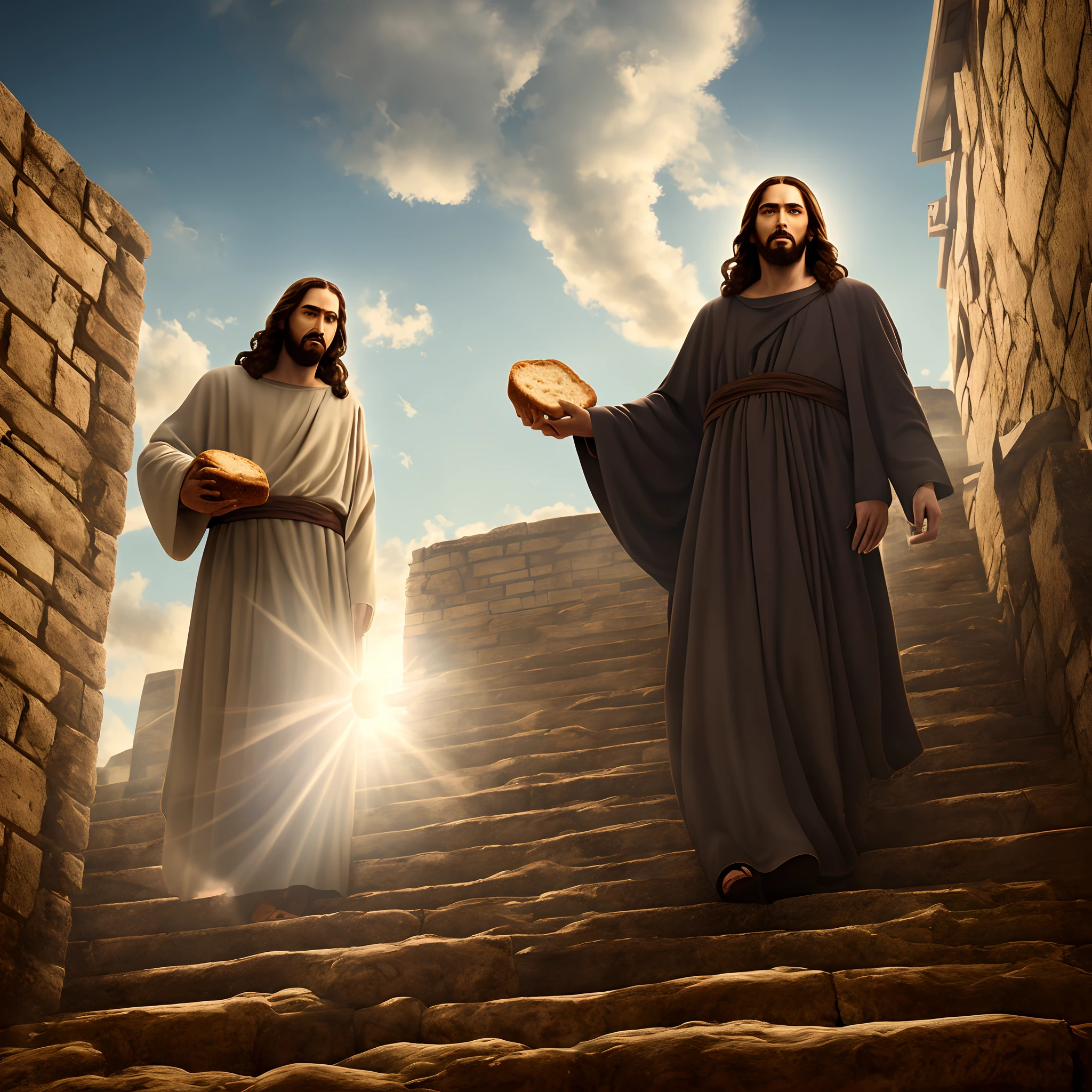 creates image of Jesus Christ descending from heaven with a loaf of bread in his hand, going down the stairs, very realistic large image in 4k se
