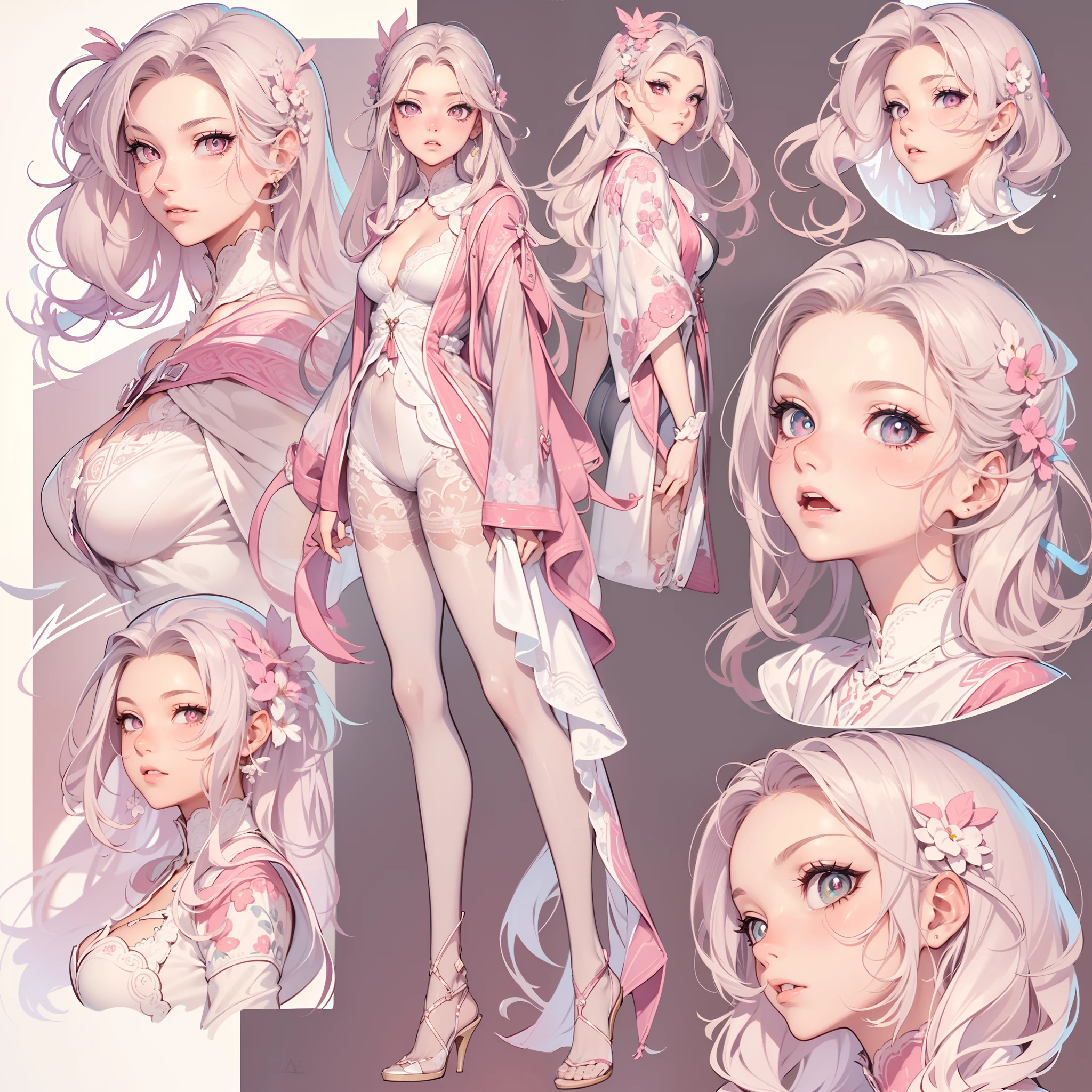 ((Masterpiece, Highest quality)), Detailed face, CharacterDesignSheet，full bodyesbian, perfectly proportions，Full of details, Multiple poses and expressions, Highly detailed, Depth, Many parts，Beautiful teenage girl，Suits，lacepantyhose，Light pink pupils，epic exquisite  character art，Natural light