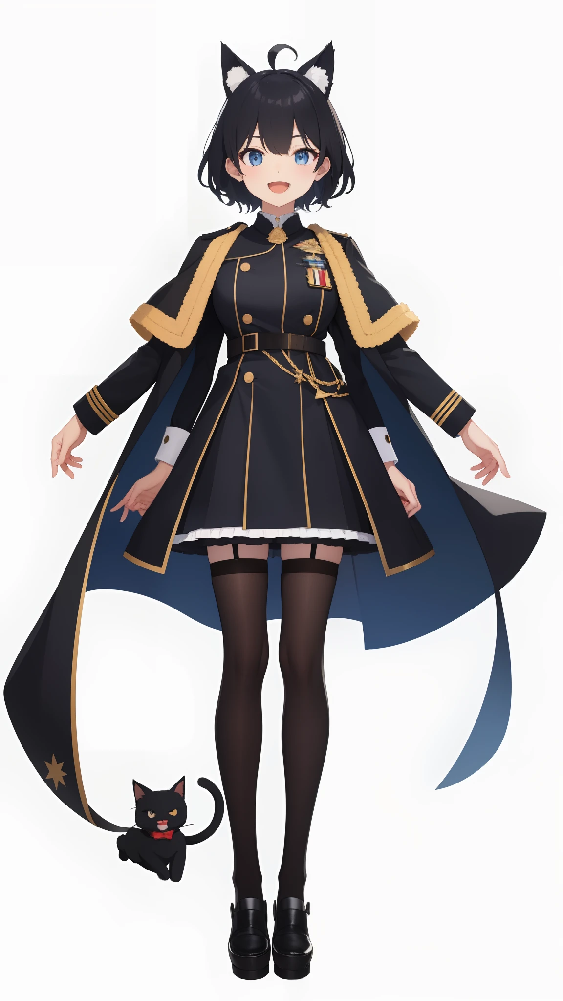 Full body,((((Upright)))), ((((Arms at sides)))), Looking at Viewer, simple background、White background, 1girl in, Open mouth, Smile, Virtual Youtuber、girl with、((Best Quality, high_resolution, Distinct_image)),(Black hair), (Black cat ears), (Ahoge), (absurdly short hair), (Wavy Hair), (Blue eyes),、A smile、Very big breasts,(wearing shoes on feet)、concept-art、((View Viewer))。military outfits。Wearing a cape。