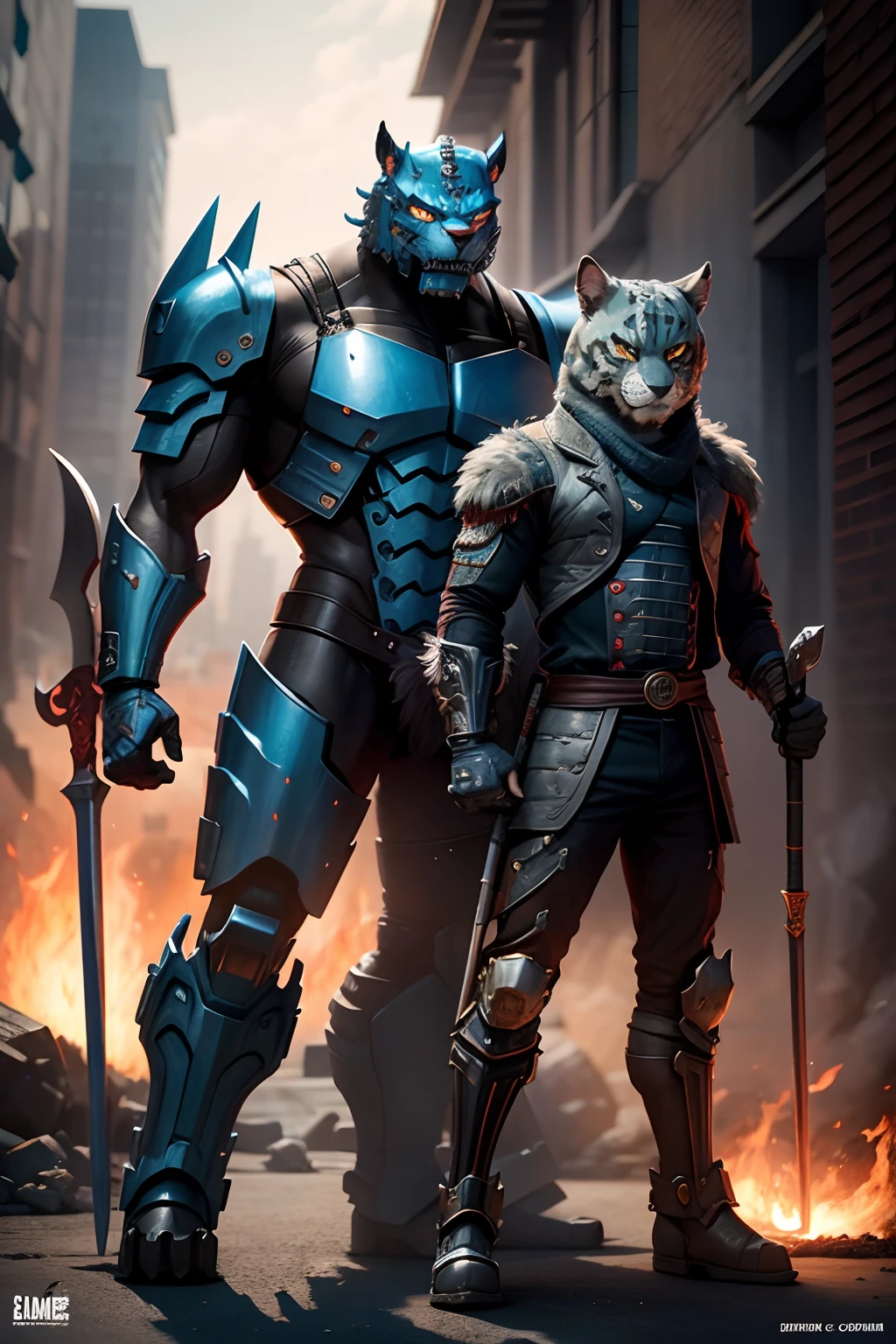 tai lung x optimus prime, full body, posing, tai lung, optimus prime, with fire hands, and a scythe