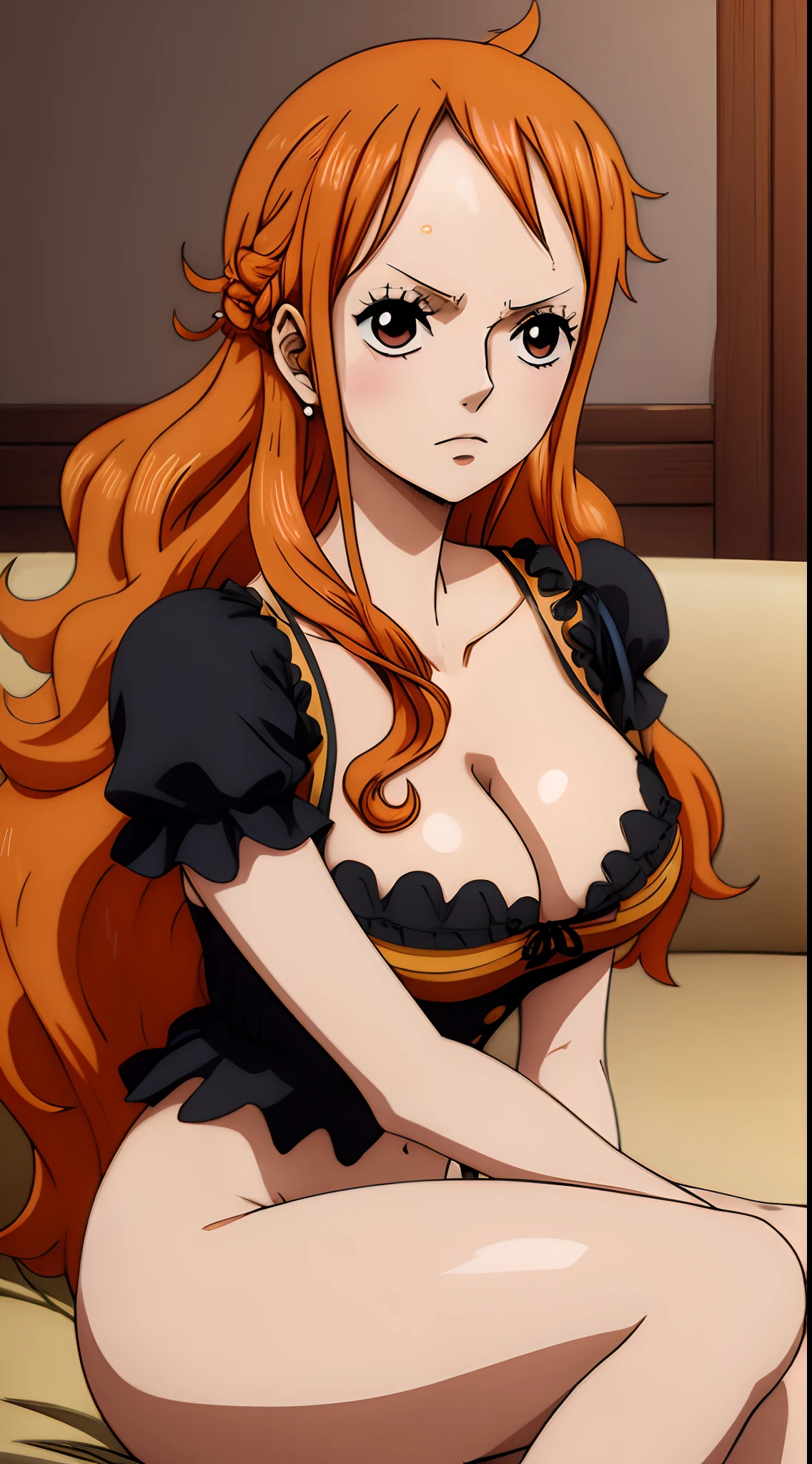 (ANIME ART STYLE) nami (ONE PIECE), with orange long hair, brown eyes, wearing black lingerie, blush face, sitting, down blouse, NSFW.