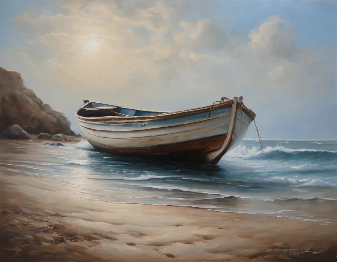 a painting depicts a boat on a beach, in the style of realistic seascapes, ferrania p30, dark white and light blue, yaka art, nostalgic paintings, oil portraitures, detailed perfection