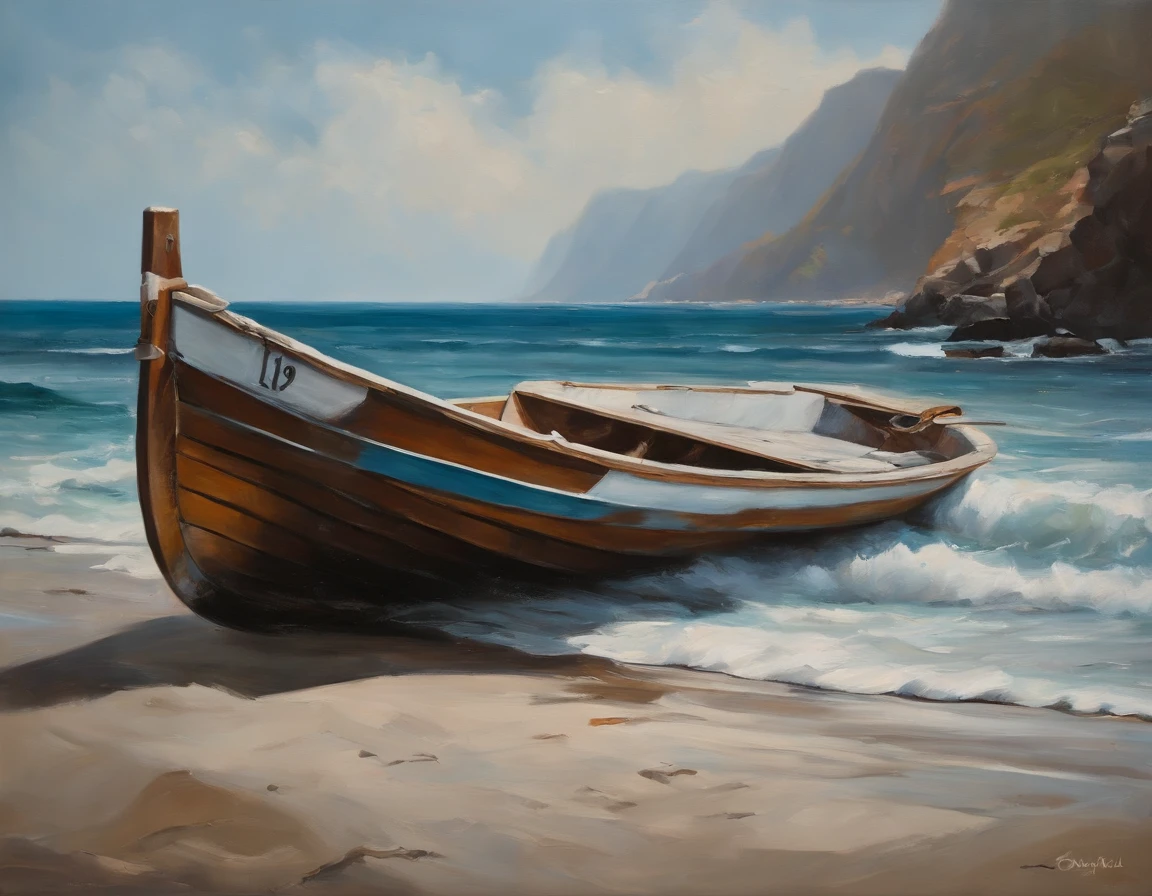 a painting depicts a boat on a beach, in the style of realistic seascapes, ferrania p30, dark white and light blue, yaka art, nostalgic paintings, oil portraitures, detailed perfection