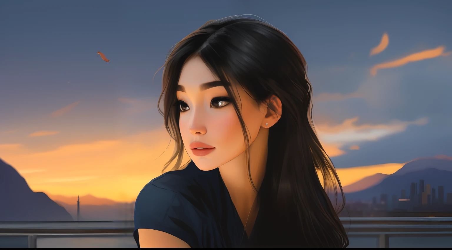 Award-winning Samdoesarts style half-body portrait of a beautiful woman in a croptop and cargo pants with navy blue ombre hairstyle with moving head and flying black hair, bochechas fofas, respingos de tinta, respingos, escapar, Vaporware, shaded flat illustration, Arte Digital, trending on ArtStation , altamente detalhado, detalhe fino, intrincado