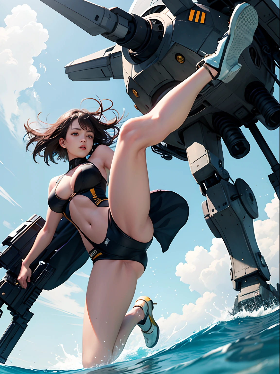 Female general in mecha, one female, Kicking the neck, wearing a full swimsuit, shorts, kicking the chest high, in the sky behind, the , nothing behind, kicking the side.