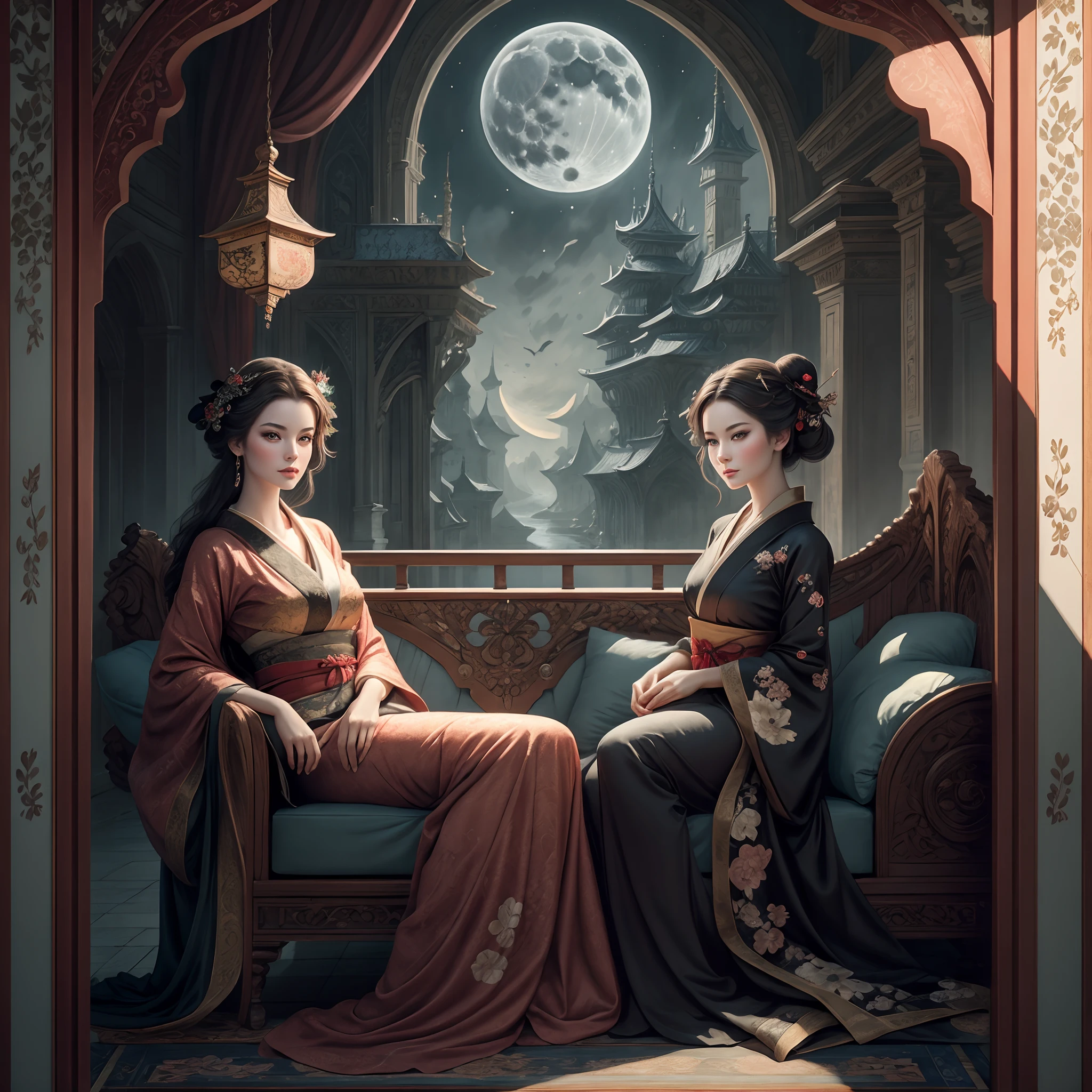 Une belle femme en kimono rouge et noir, Beautiful rendering of a fairy tale, in the style of paper art, Peinture de belle, Belle comme la lune, Very complex masterpiece, painted metal,  Magnificent intricate masterpiece, plusieurs couches, Mysterious