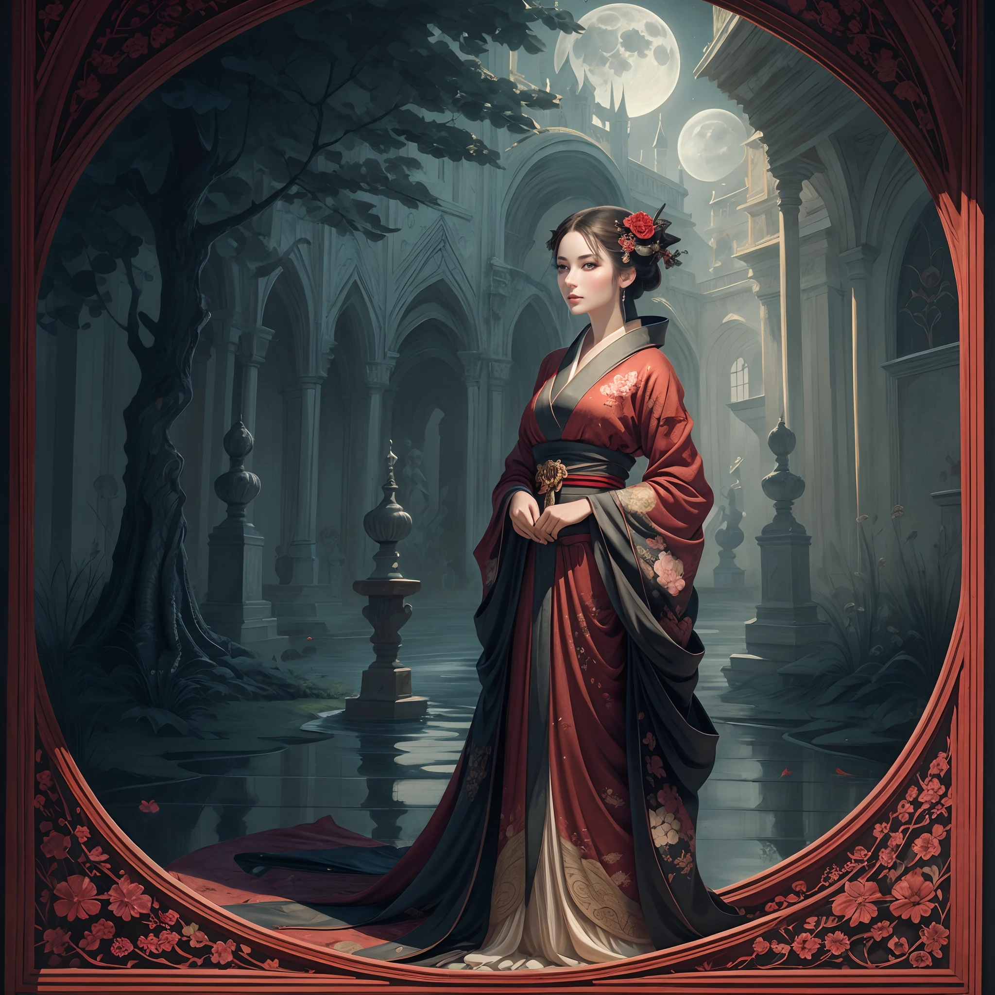 Une belle femme en kimono rouge et noir, Beautiful rendering of a fairy tale, in the style of paper art, Peinture de belle, Belle comme la lune, Very complex masterpiece, painted metal,  Magnificent intricate masterpiece, plusieurs couches, Mysterious