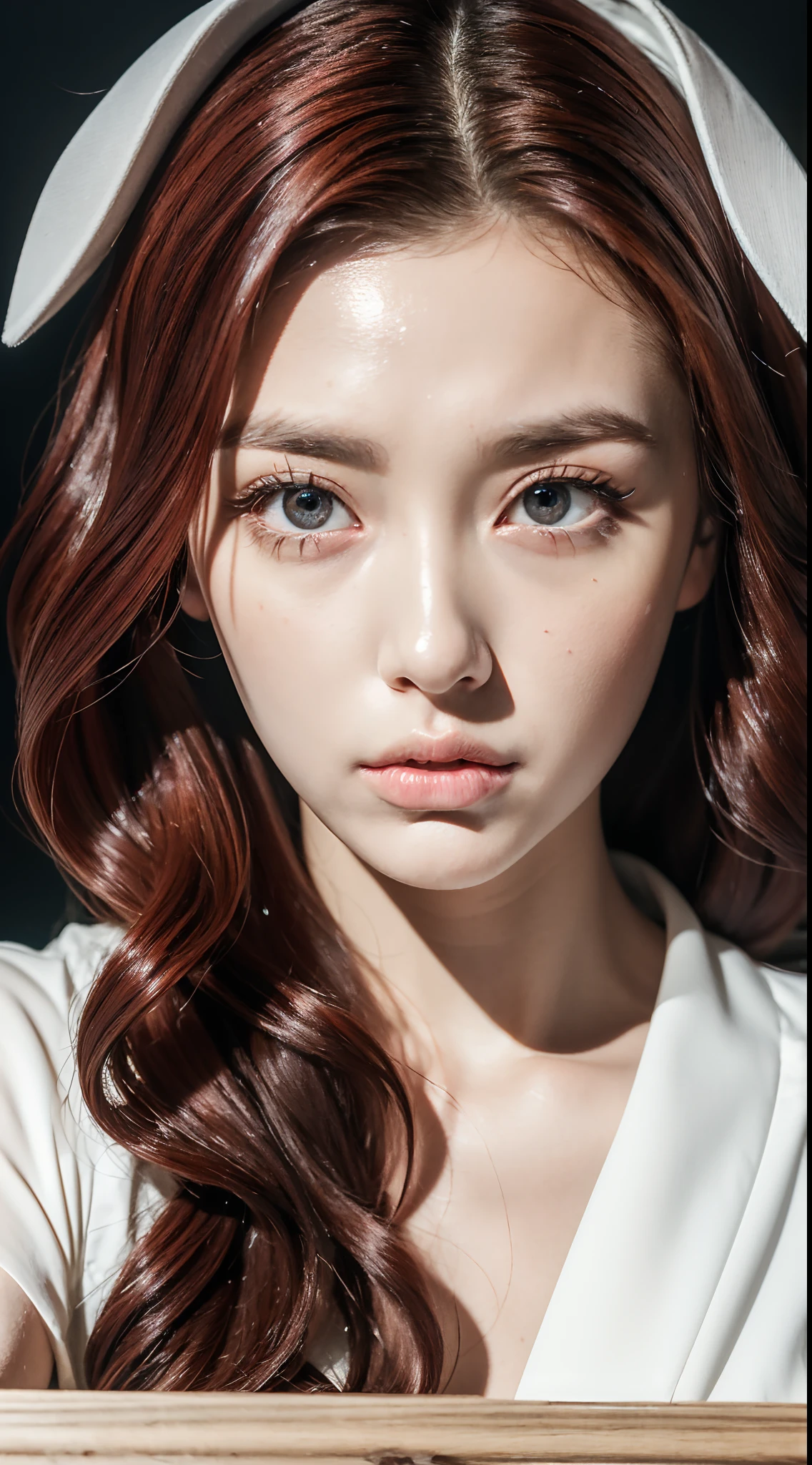 (Best quality,16k wallpaper,high resolution:1.2),Red to silver hair, wavy and long hair, Shiny hair color, Perfectly detailed face, full pouty lips, watery big eyes, Vertical pupils, reflective light, Woman with rabbit ears, Black and white shirt, Lazily lying in a solid wooden box, Soft lighting, full body shot of