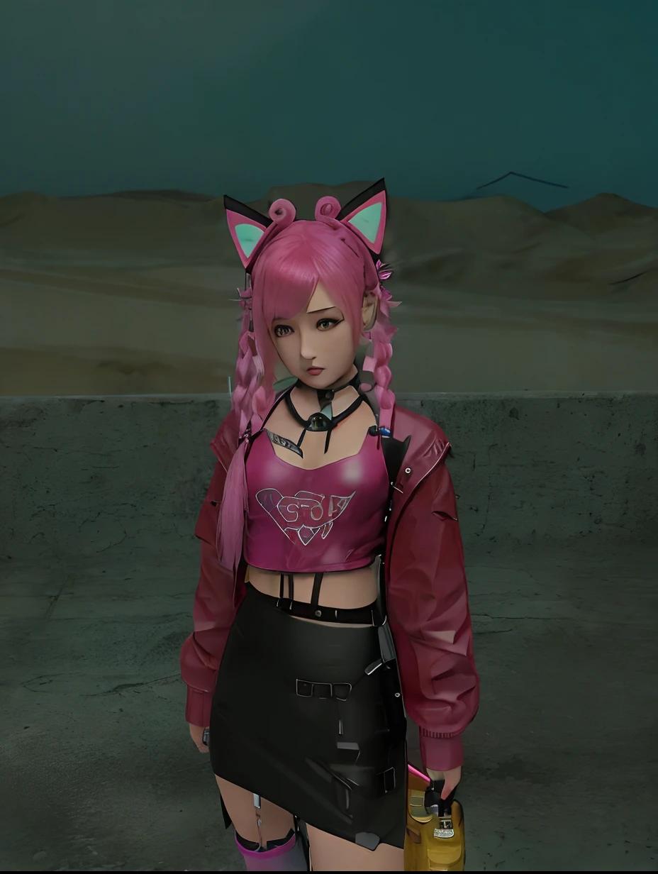 there is a 3d image of a woman with pink hair, mechanic punk outfit, girl with cat ears, pink twintail hair and cyan eyes, holo is a wolf girl, anime style. 8k, anime girl with cat ears, in game, ((red)) baggy eyes, portrait of a goth catgirl, cyberpunk style outfit, catgirl