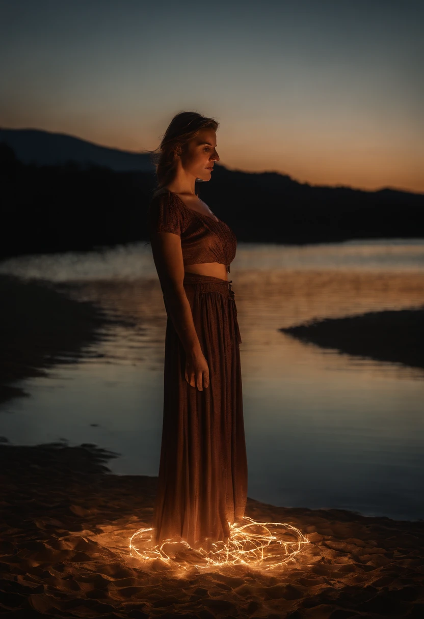 A women standing on top of a beach next to a lake, light painting, lightpainting, amazing lighting effect, light art, beautiful lighting effects, light paint, diffuse lightpainting, anamorphic flares, lightpainting luminescent, luminous fire halo, flares anamorphic, creative lighting, epic lighting effects, awesome greate composition