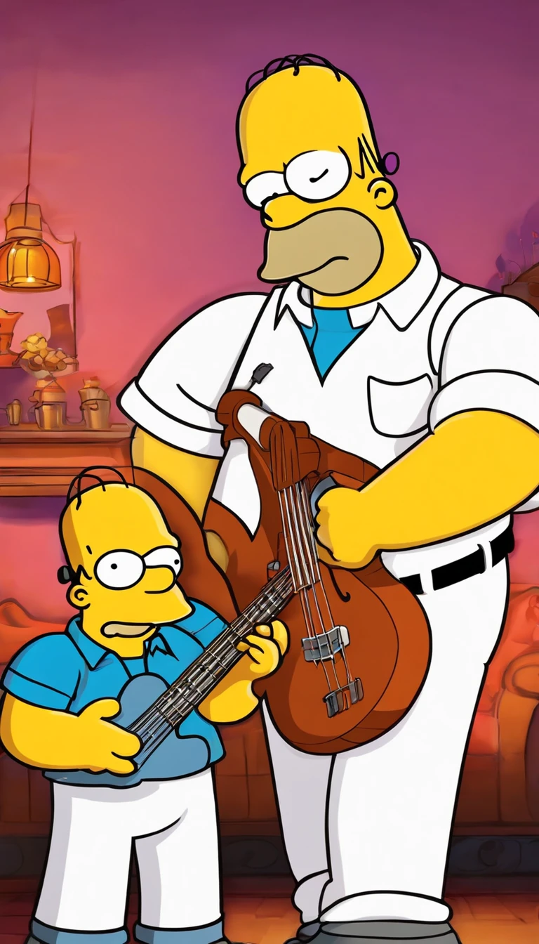 cafe shop，The Simpsons，Homer Simpson plays bass，homer simpson，Wear show costumes，《The Simpsons》Animation style，dramatic lights，Dramatic action，Wonderful poster composition，Dramatic composition，Dramatic colors，Gorgeous stage，gorgeous lights，ornate backdrop，The proportion of people in the picture is small for one person，Play bass，Funk music，