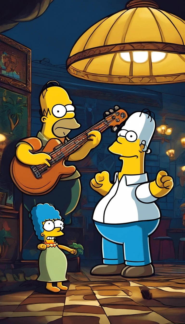 cafe shop,The Simpsons,Homer Simpson plays bass,homer simpson,Wear show costumes,《The Simpsons》Animation style,dramatic lights,Dramatic action,Wonderful poster composition,Dramatic composition,Dramatic colors,Gorgeous stage,gorgeous lights,ornate backdrop,The proportion of people in the picture is small for one person,Play bass,Funk music,
