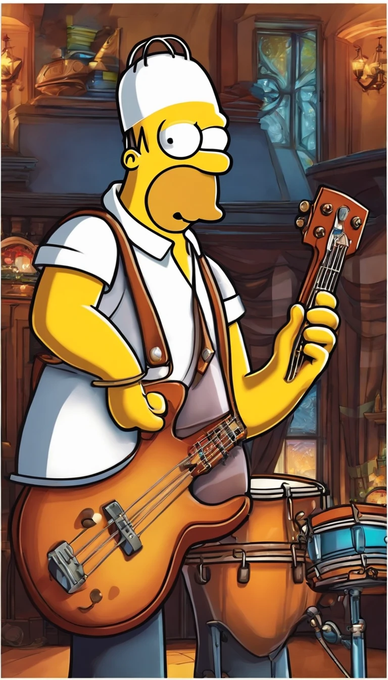cafe shop，The Simpsons，Homer Simpson plays bass，homer simpson，Wear show costumes，《The Simpsons》Animation style，dramatic lights，Dramatic action，Wonderful poster composition，Dramatic composition，Dramatic colors，Gorgeous stage，gorgeous lights，ornate backdrop，The proportion of people in the picture is small for one person，Play bass，Funk music，