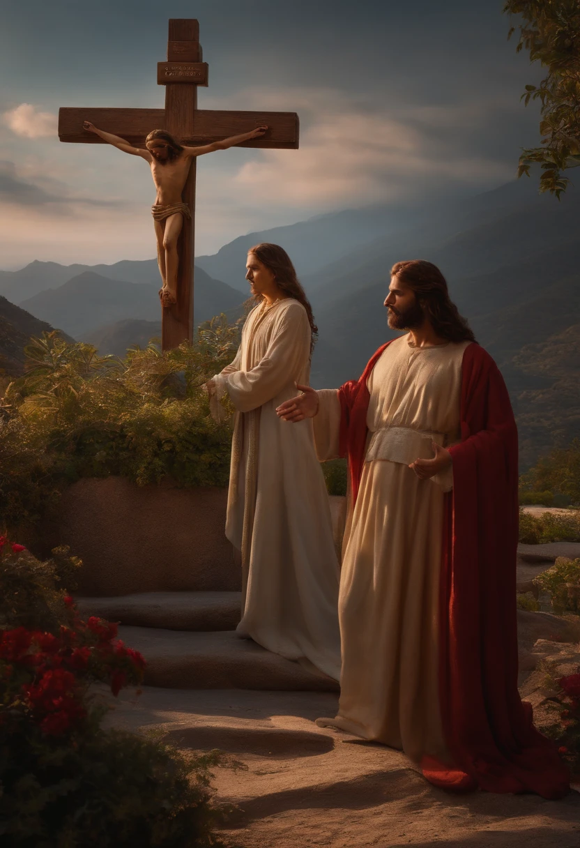 duas pessoas pessoas olhando para a imagem da cruz de Cristo, 8k, melhor qualidade