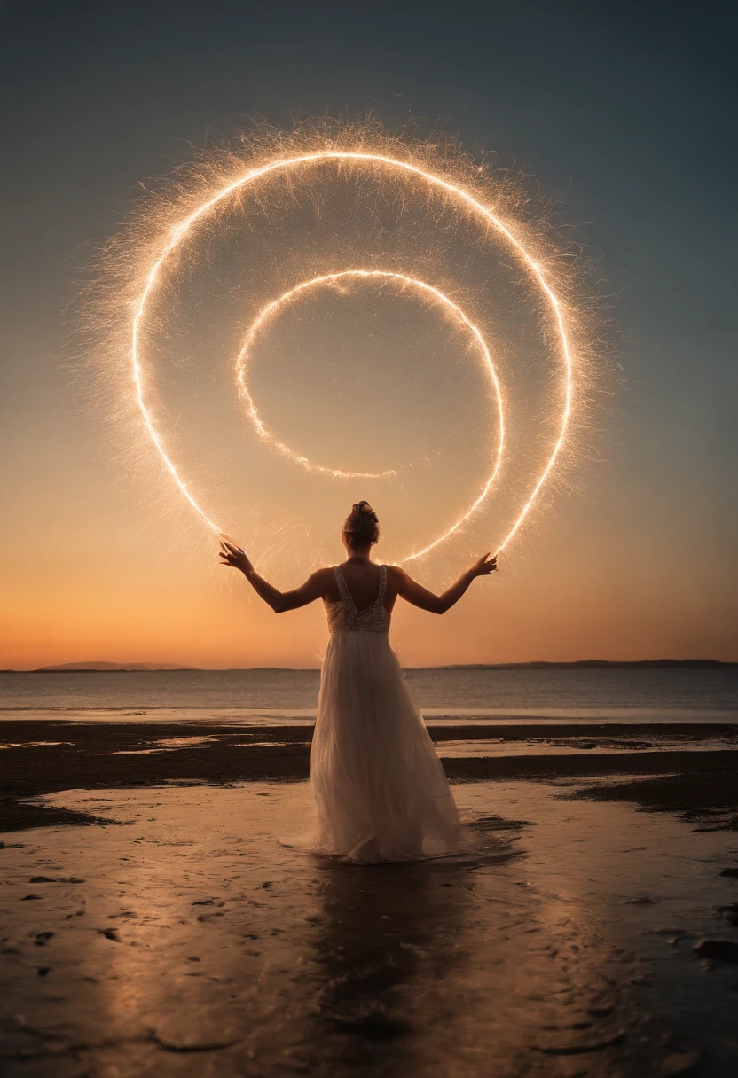 A women standing on top of a beach next to a lake, light painting of a. Giant angel in the background, lightpainting, amazing lighting effect, light art, beautiful lighting effects, light paint, diffuse lightpainting, anamorphic flares, lightpainting luminescent, luminous fire halo, flares anamorphic, creative lighting, epic lighting effects, awesome greate composition