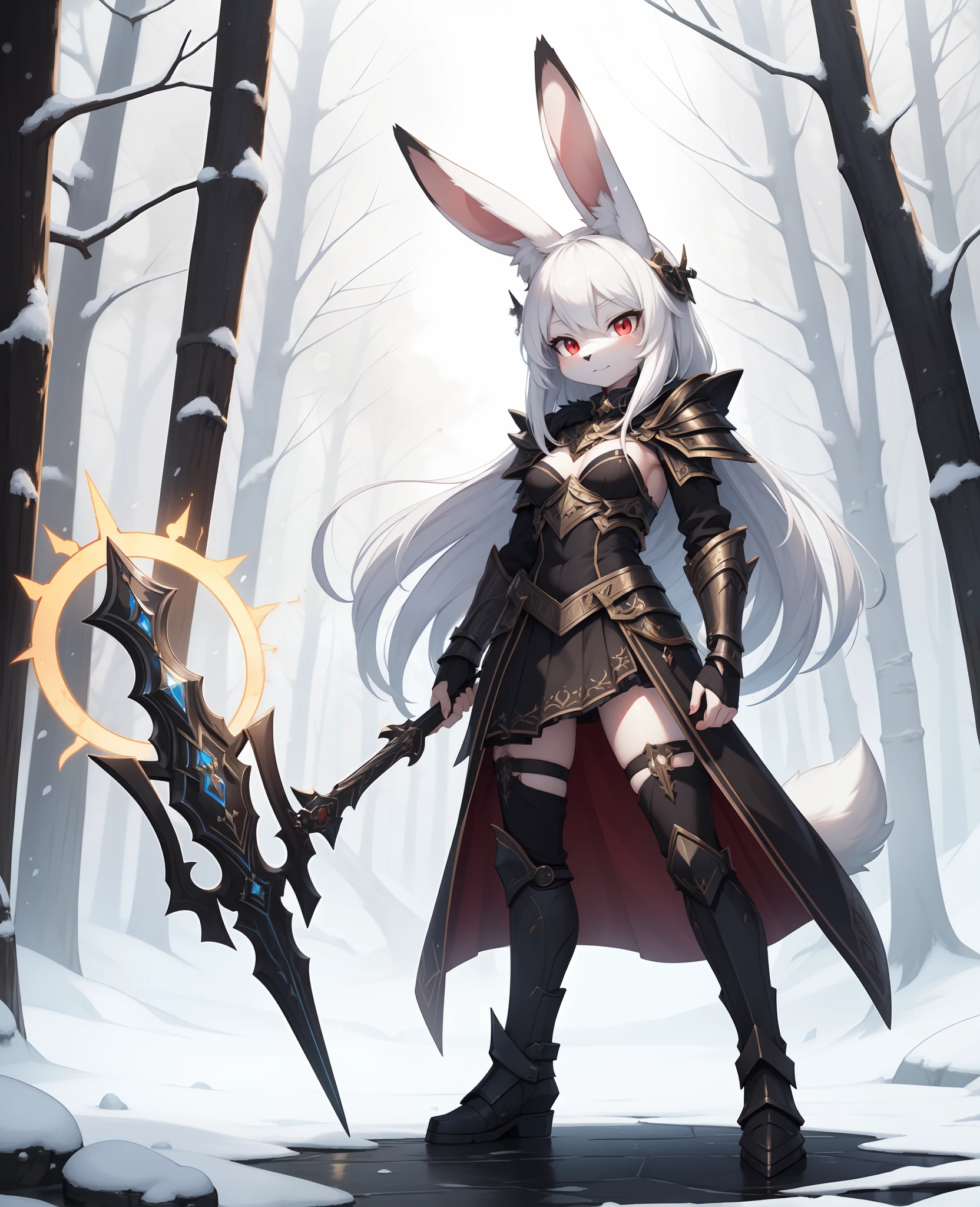 (masterpiece, best quality), intricate details, 8k, artstation, wallpaper, official art, splash art, sharp focus,
(anthro rabbit girl, full body fur, white furrabbit ears:1.2),, (1girl), white hair, red eyes, petite, thin figure, small breasts, long flowing white hair, messy hair,
mage, arcane ritual, snowy forest, trees,
floating magical tome, War_Glam, wearing War_Glam, black armor, silver filigree, pauldrons, armored skirt,
