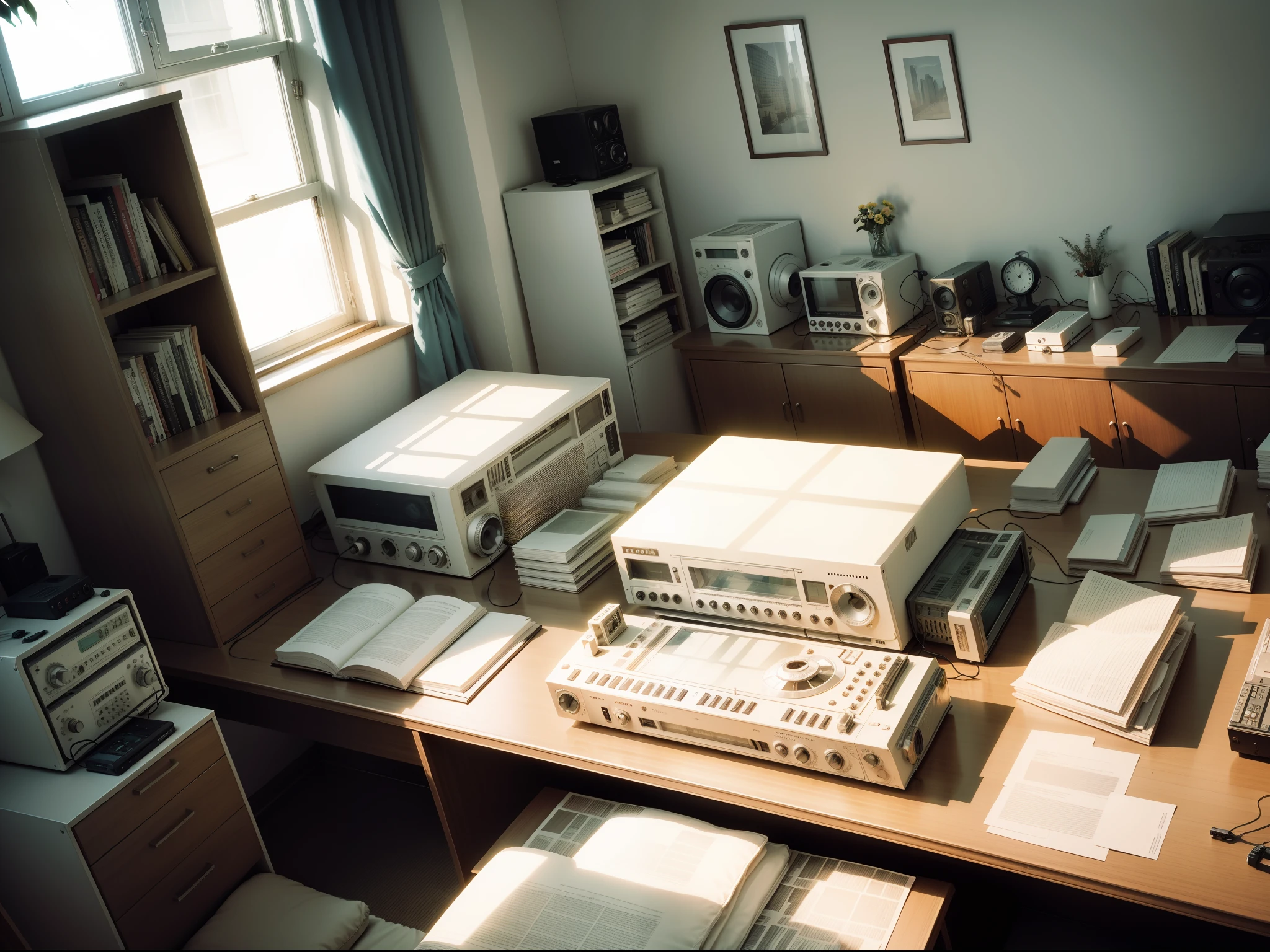 Room, A lot of tape recorder, Glass windows, sunshine, Retro, Beautiful room, high detail, tmasterpiece, Ultra Quality,