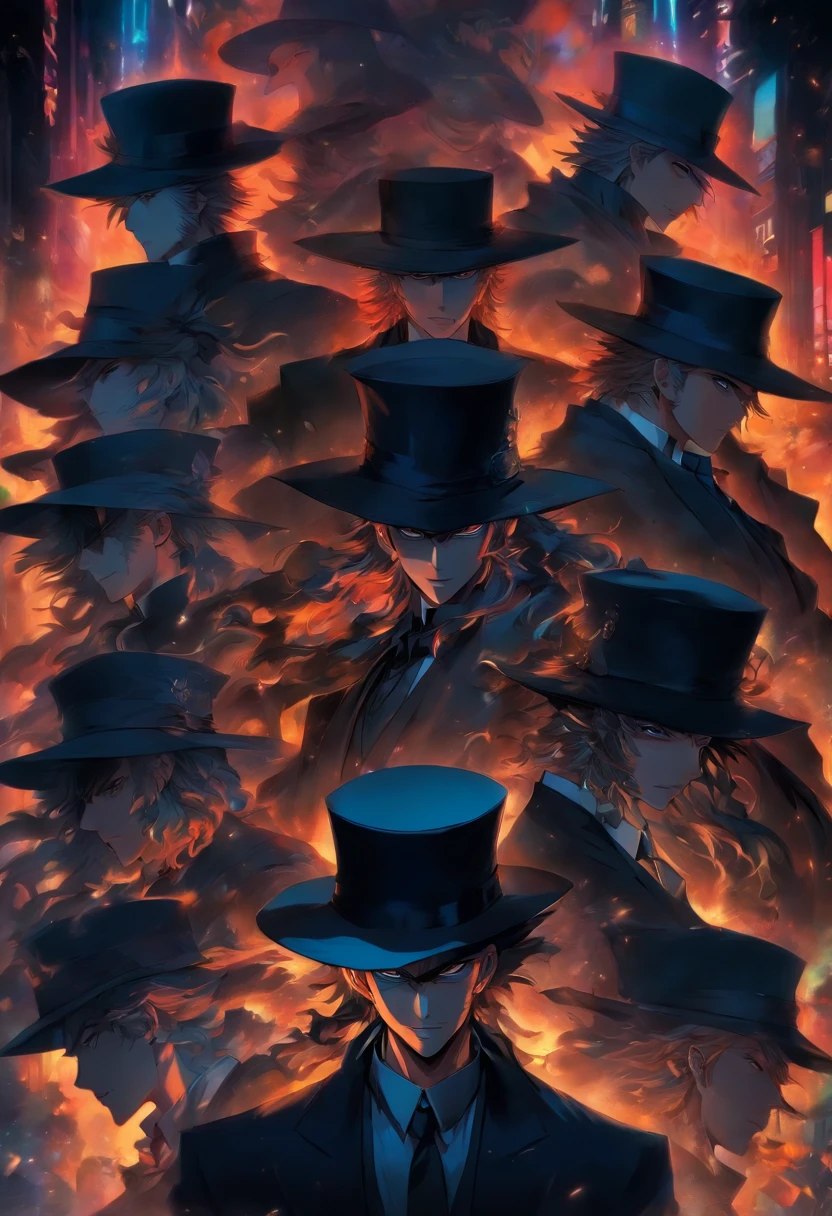 A group of men wearing black suits and long black hats, stunning style, gathering