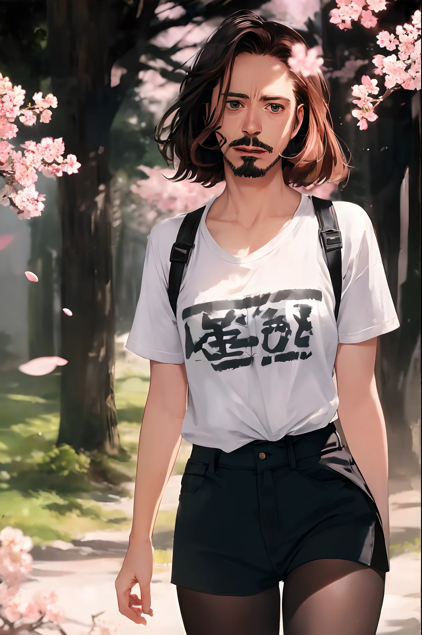 Robert Downey as a 16 year old girl, rock shirt, tiny shorts, waist-high black tights, exposed thighs, very fair skin, Robert Downey's haircut, Mustache and goatee, Temple of Saolin, cherry blossom , Indirect lighting, volumetric light, hyper-detailed, Captured by Panavision Panaflex Platinum