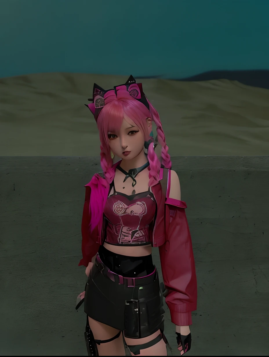 there is a 3d image of a woman with pink hair, mechanic punk outfit, girl with cat ears, pink twintail hair and cyan eyes, holo is a wolf girl, anime style. 8k, anime girl with cat ears, in game, ((red)) baggy eyes, portrait of a goth catgirl, cyberpunk style outfit, catgirl