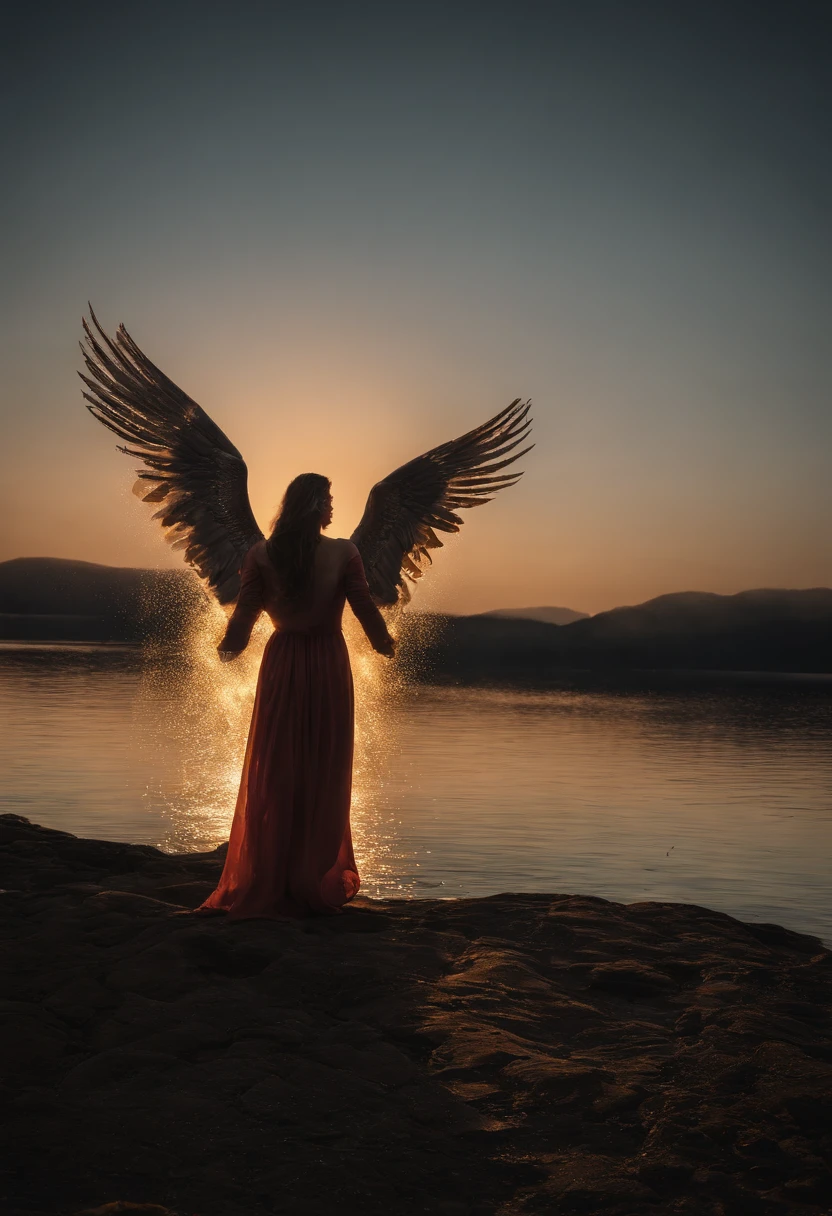 A women standing on top of a beach next to a lake, light painting of a. Giant angel in the background, lightpainting, amazing lighting effect, light art, beautiful lighting effects, light paint, diffuse lightpainting, anamorphic flares, lightpainting luminescent, luminous fire halo, flares anamorphic, creative lighting, epic lighting effects, awesome greate composition