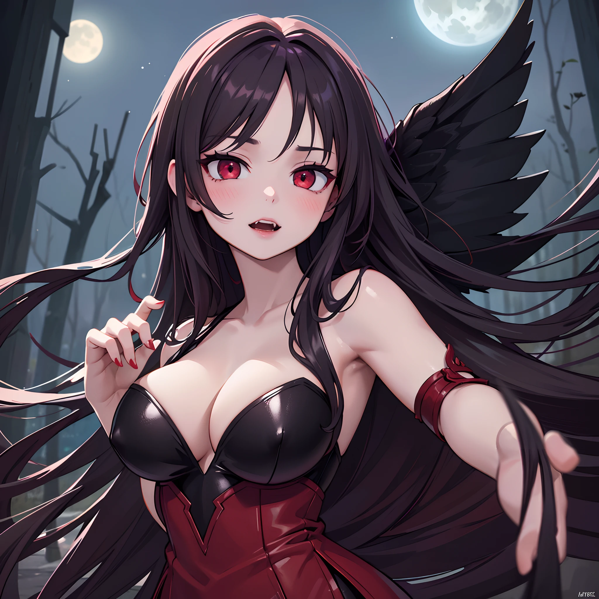(best quality,4k,8k,highres,masterpiece:1.2),ultra-detailed,(realistic,photorealistic,photo-realistic:1.37),cute,sexy,female,vampire,red eyes,sharp fangs,mesmerizing gaze,pale skin,long dark hair,blood-red lips,elegant posture,mysterious atmosphere,gothic background,dramatic lighting,seductive pose,flowing black dress,nighttime setting,moonlit sky,fangs glinting in the moonlight,enchanted forest,ethereal beauty
