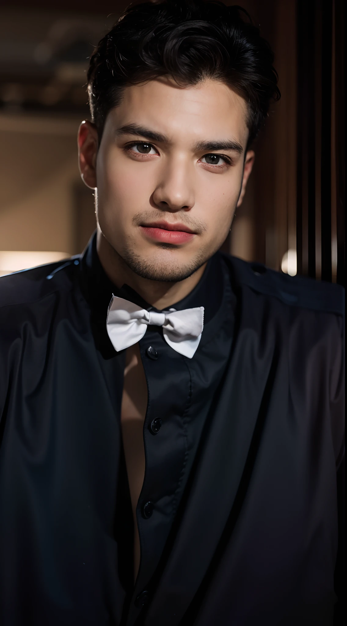 A male policeman in his 20s poses for a photo...., Wear a navy shirt......................, high-res, master-piece, best quality, head:1.3,((Hasselblad photography)), finely detailed skin, crisp focus, (Cinematic lighting), nighttime, gentle lighting, dynamic angle, [:(detailed face:1.2):0.2],(((exercise))), athletic, The arm muscles are very large........., Hand in crotch.